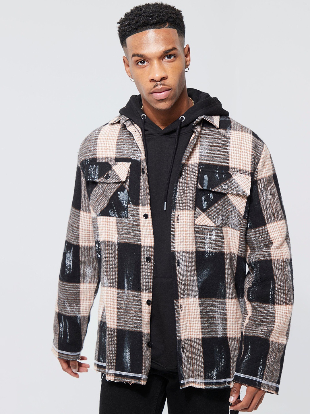 

boohooMAN Buffalo Checked Flannel Shacket, Beige