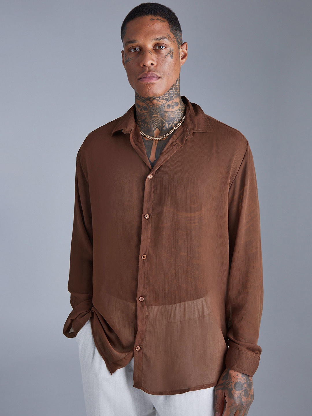 

boohooMAN Semi Sheer Oversized Chiffon Shirt, Brown