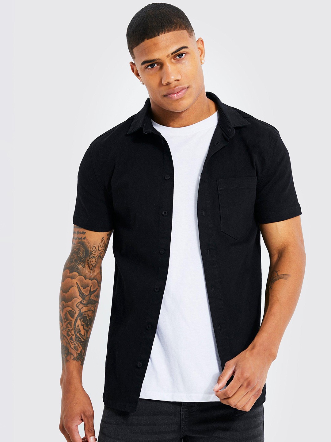 

boohooMAN Denim Casual Shirt, Black