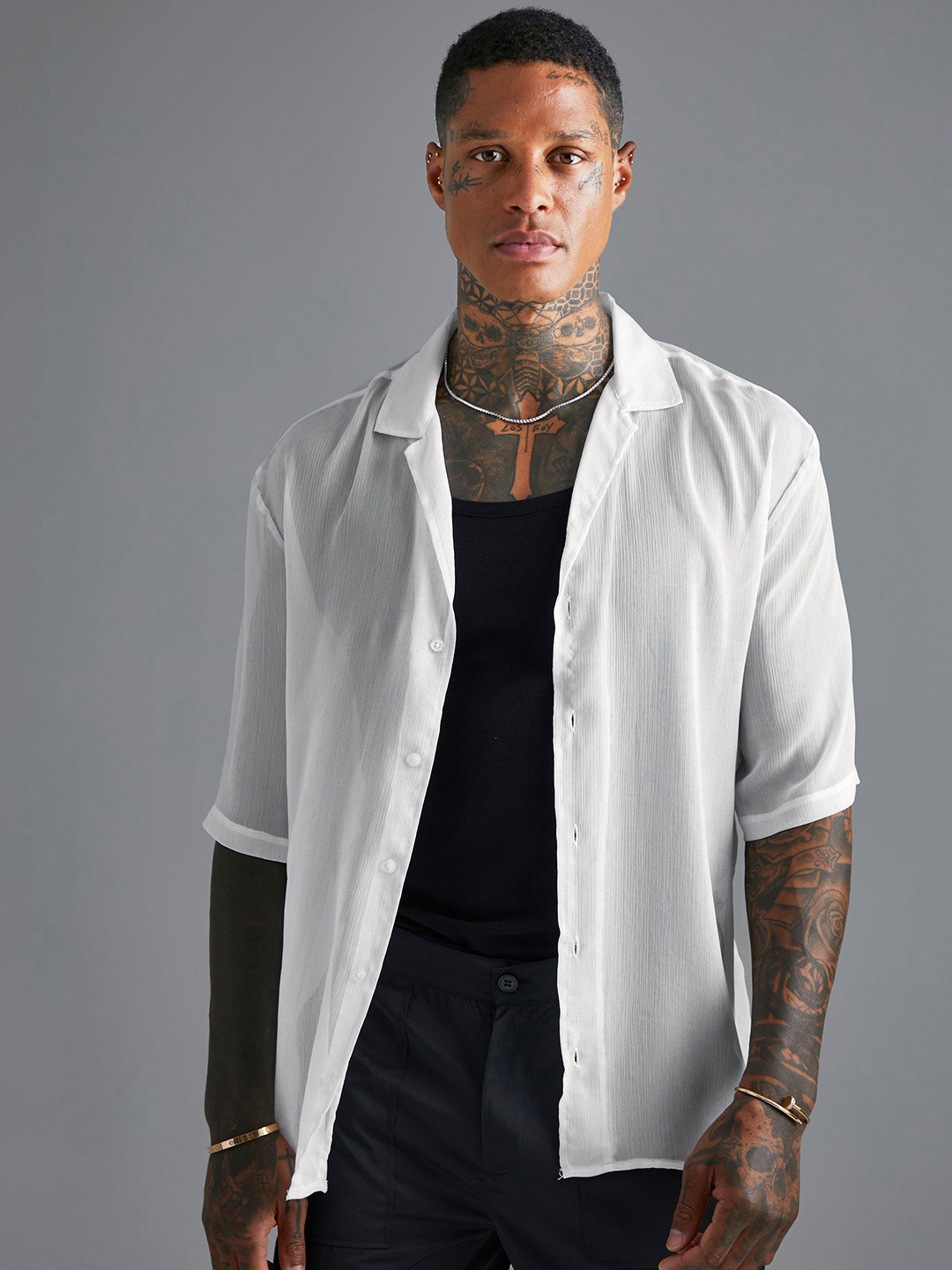

boohooMAN Semi-Sheer Chiffon Casual Shirt, White