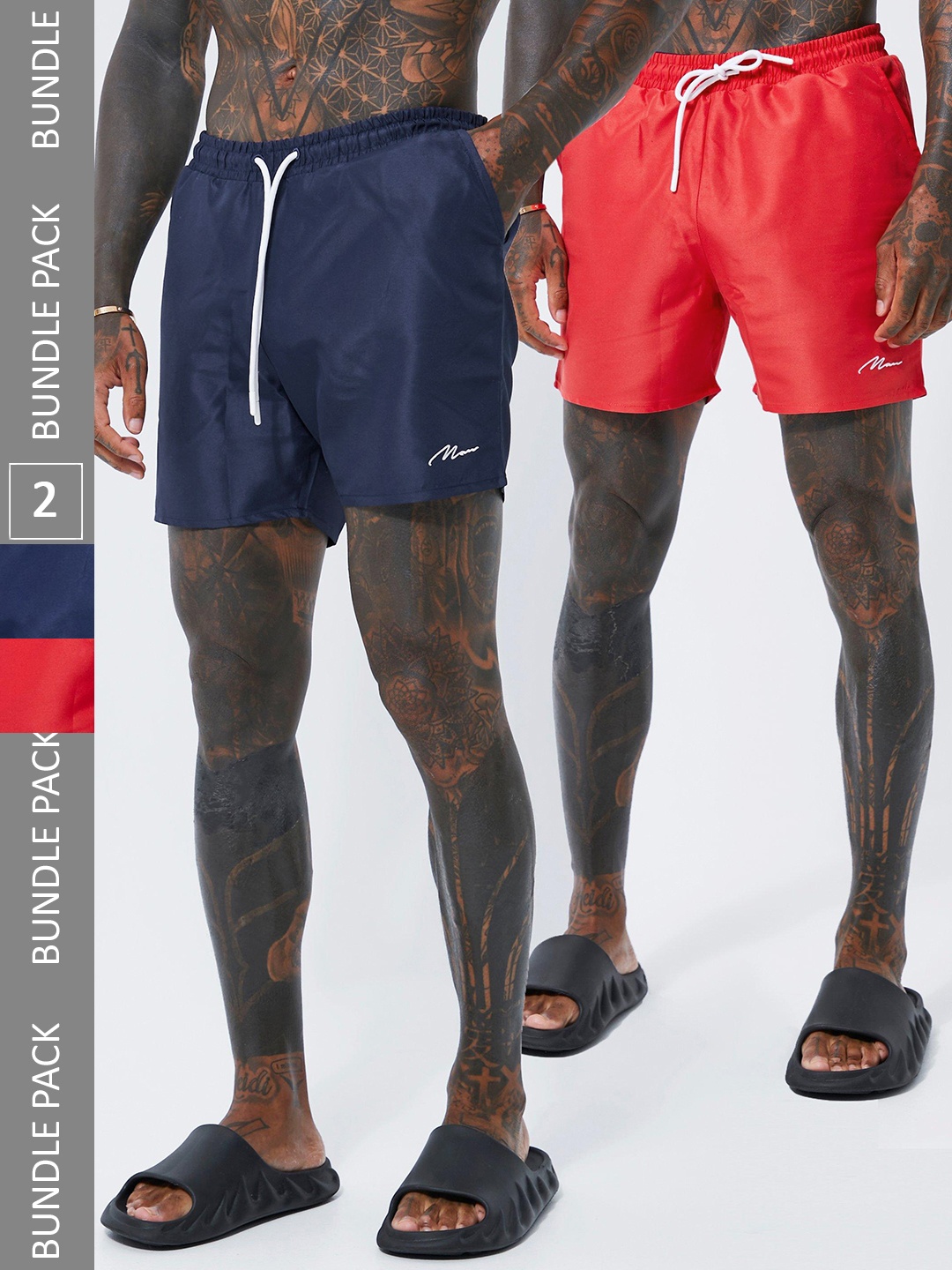 

boohooMAN Pack of 2 Solid Mid-Rise Swim Shorts, Navy blue