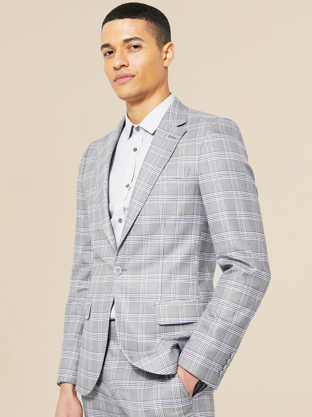 

boohooMAN Checked Skinny Single Breasted Blazer, Grey