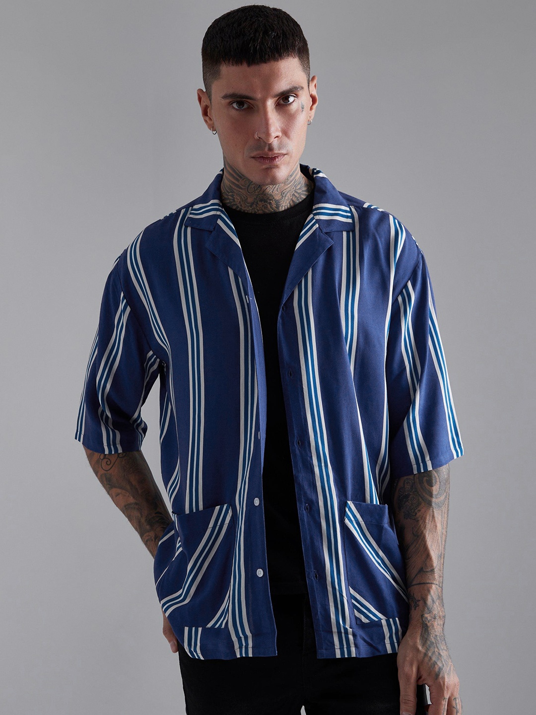 

boohooMAN Striped Oversized Box Pockets Casual Shirt, Blue