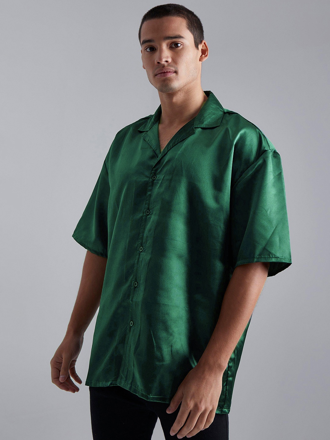 boohooMAN Oversized Boxy Fit Satin Finish Casual Shirt, Teal