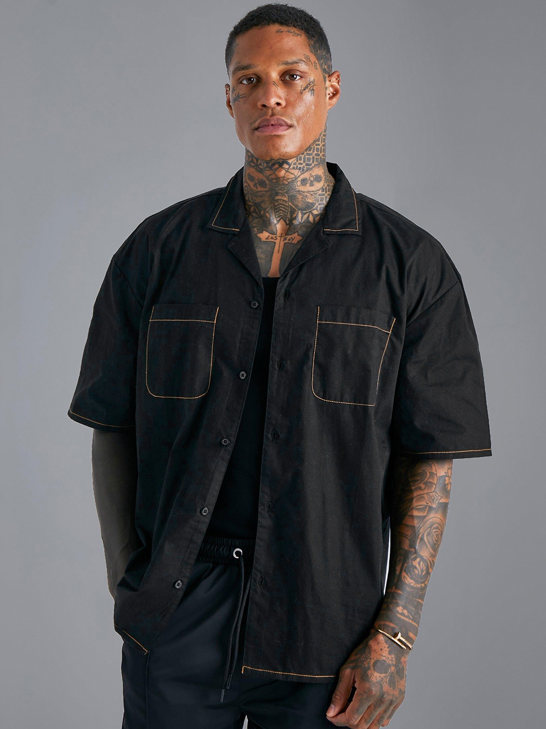 

boohooMAN Pure Cotton Oversized Contrast Stitch Shirt, Black