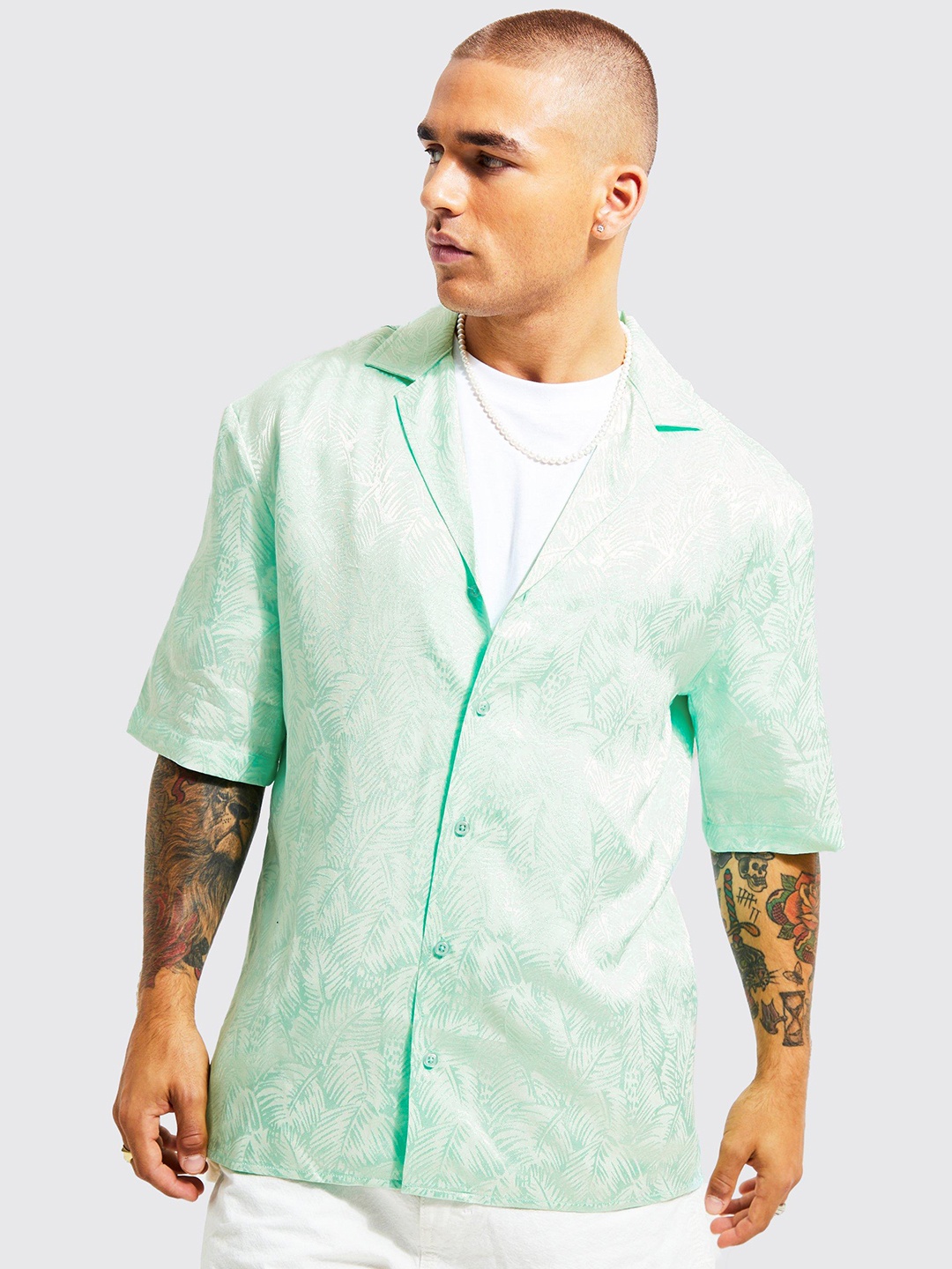 

boohooMAN Tropical Print Casual Shirt, Sea green