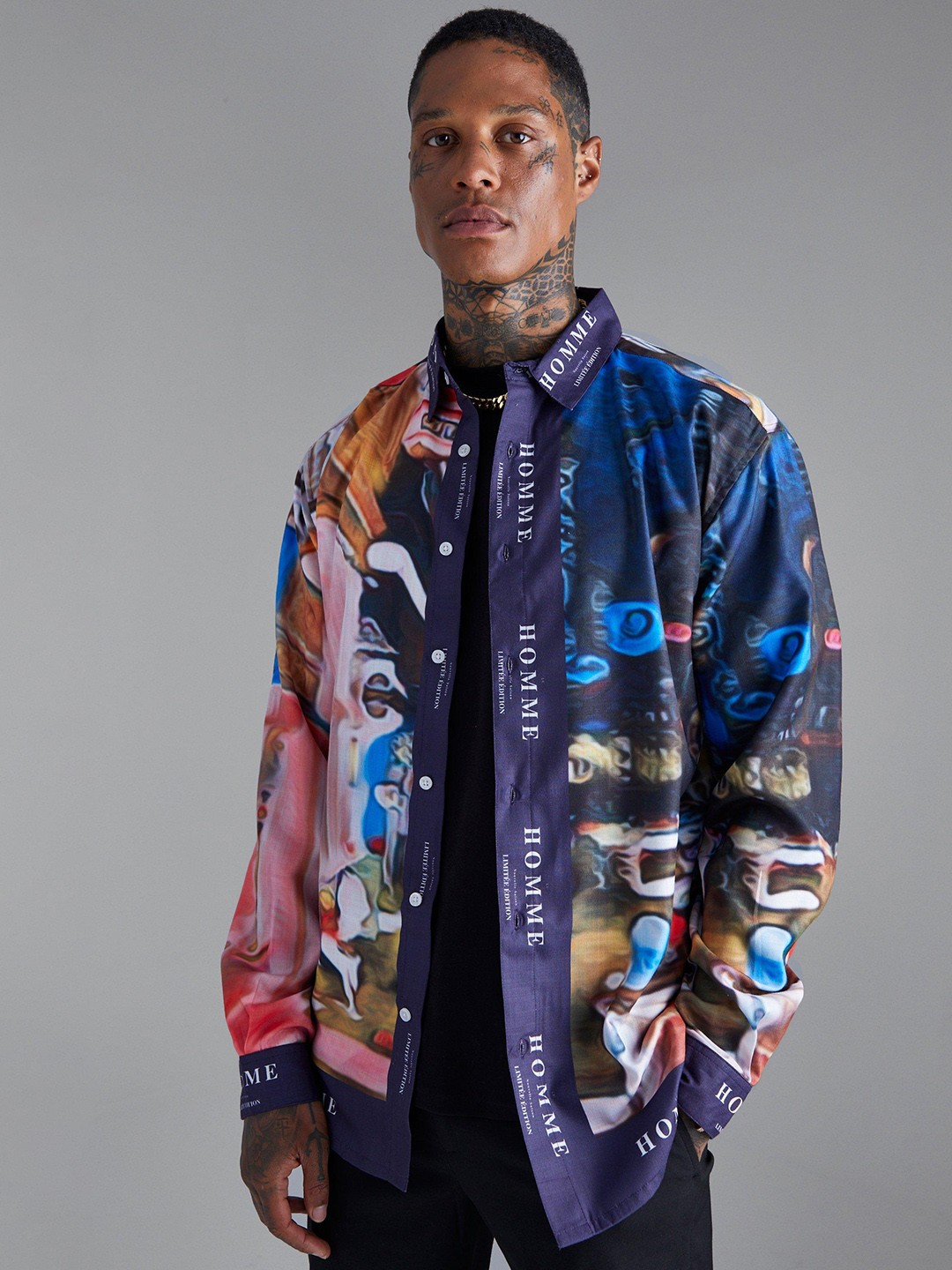

boohooMAN Graphic Printed Oversized Casual Shirt, Navy blue