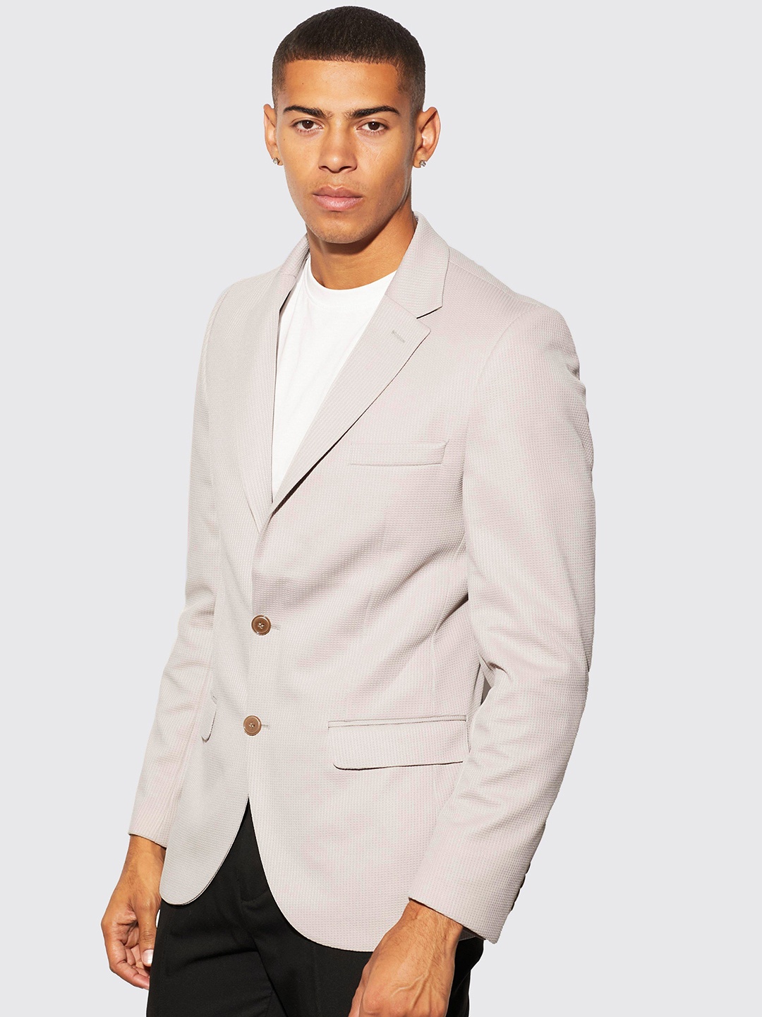 

boohooMAN Skinny Waffle Single Breasted Blazer, Off white