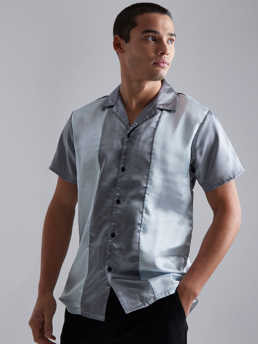 

boohooMAN Panelled Satin Casual Shirt, Grey