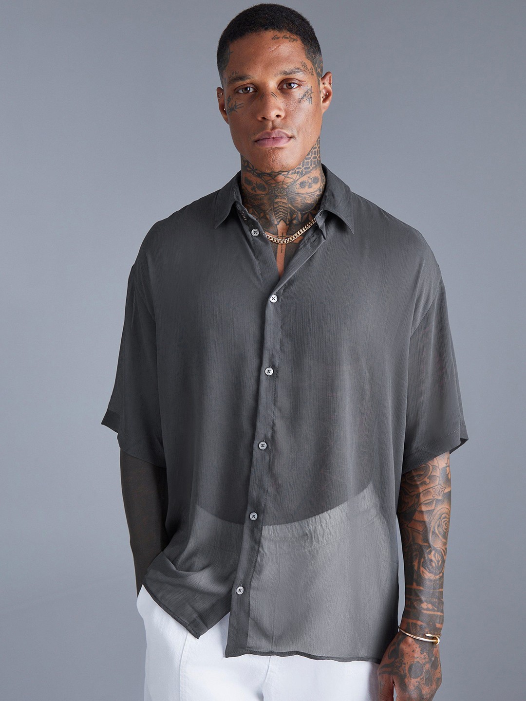 

boohooMAN Semi Sheer Chiffon Boxy Oversized Shirt, Grey