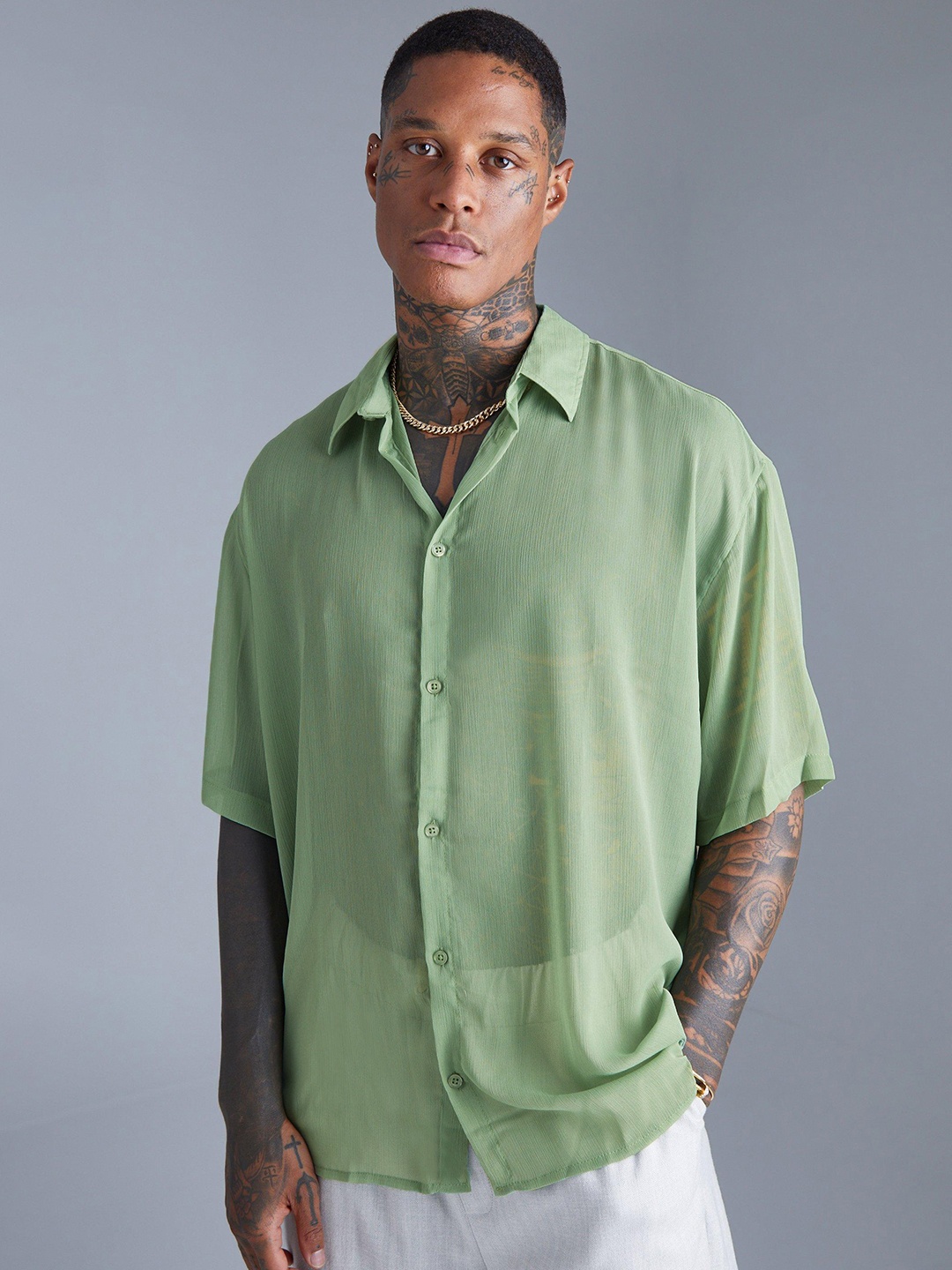 

boohooMAN Semi Sheer Chiffon Boxy Oversized Shirt, Green