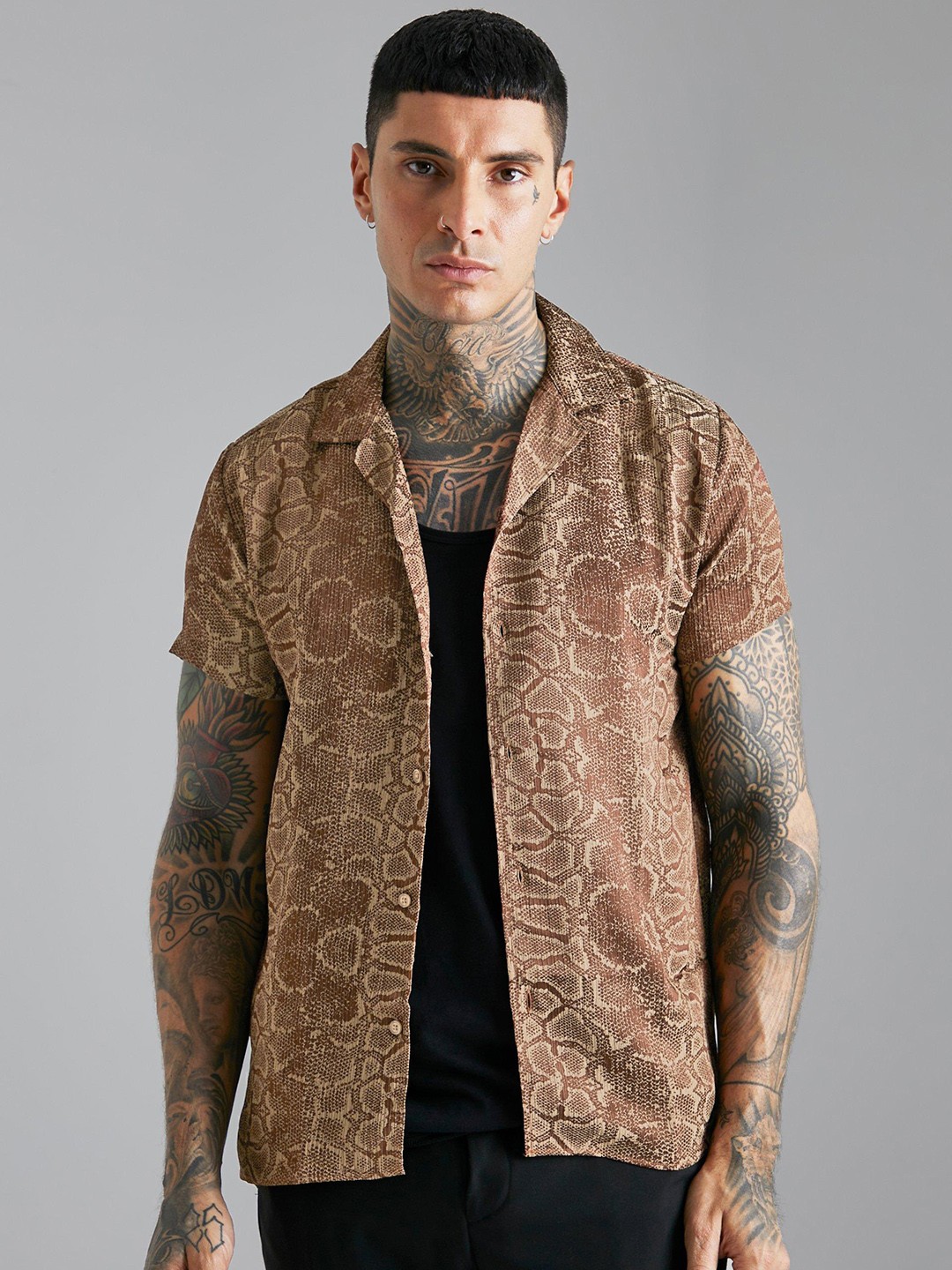 

boohooMAN Snake Satin Jacquard Revere Shirt, Brown