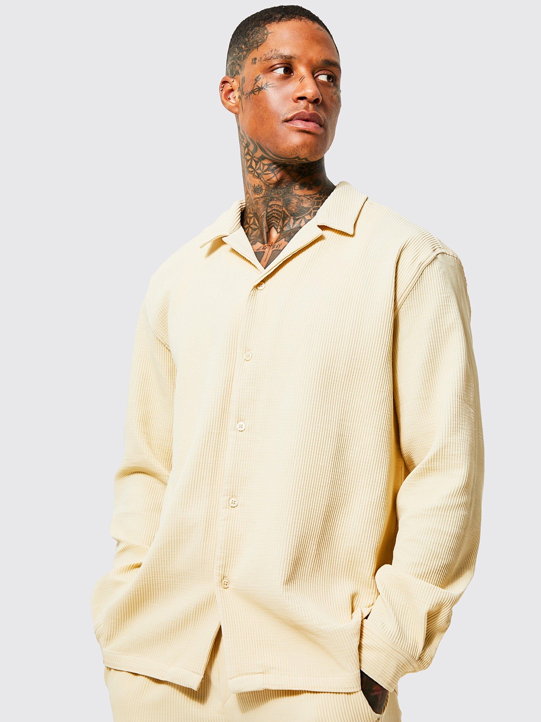 

boohooMAN Cuban Collar Oversized Pleated Shirt, Beige