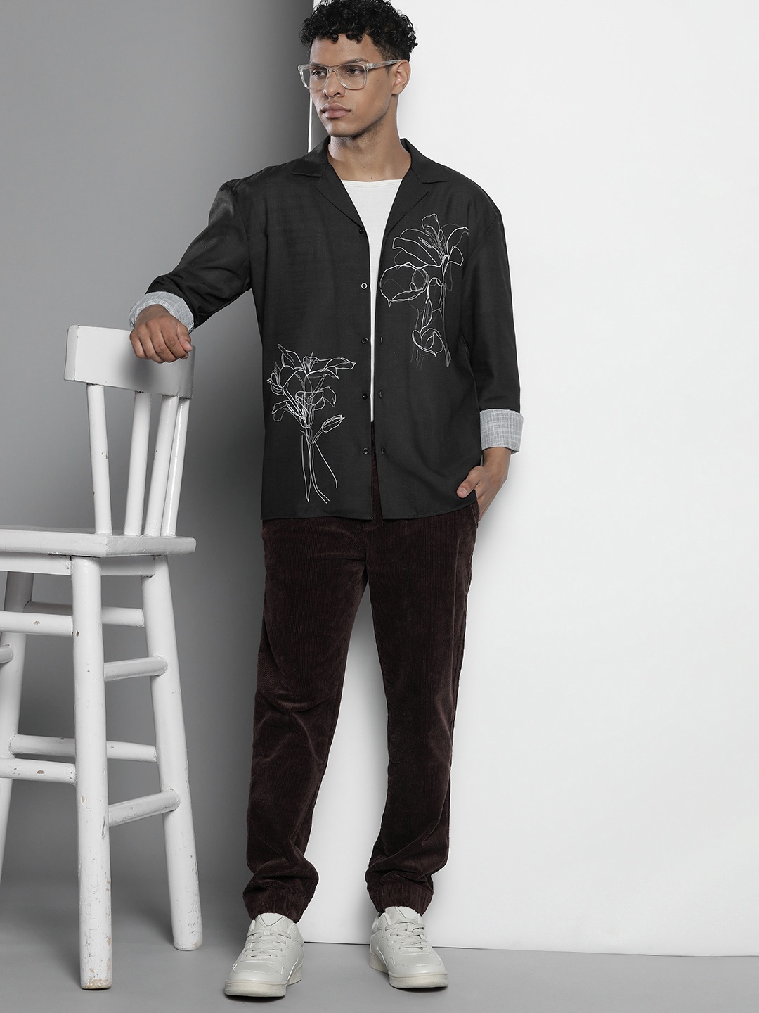

boohooMAN Floral Printed Casual Shirt, Black