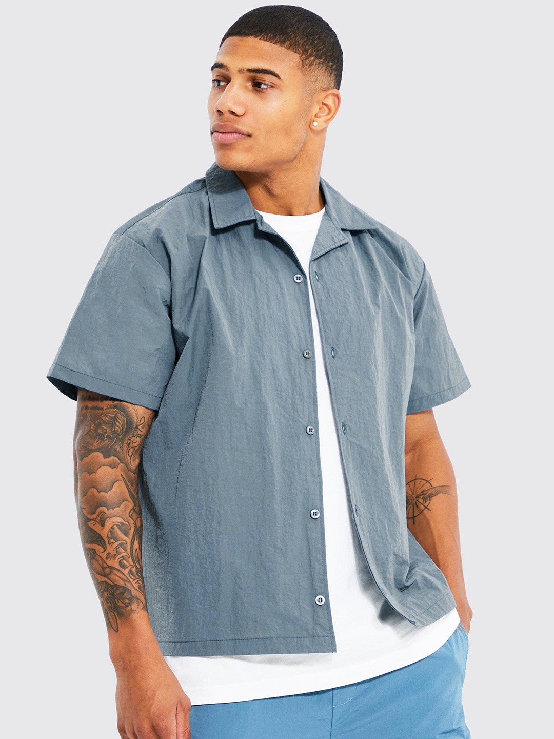 

boohooMAN Boxy Fit Crinkle Shirt, Blue