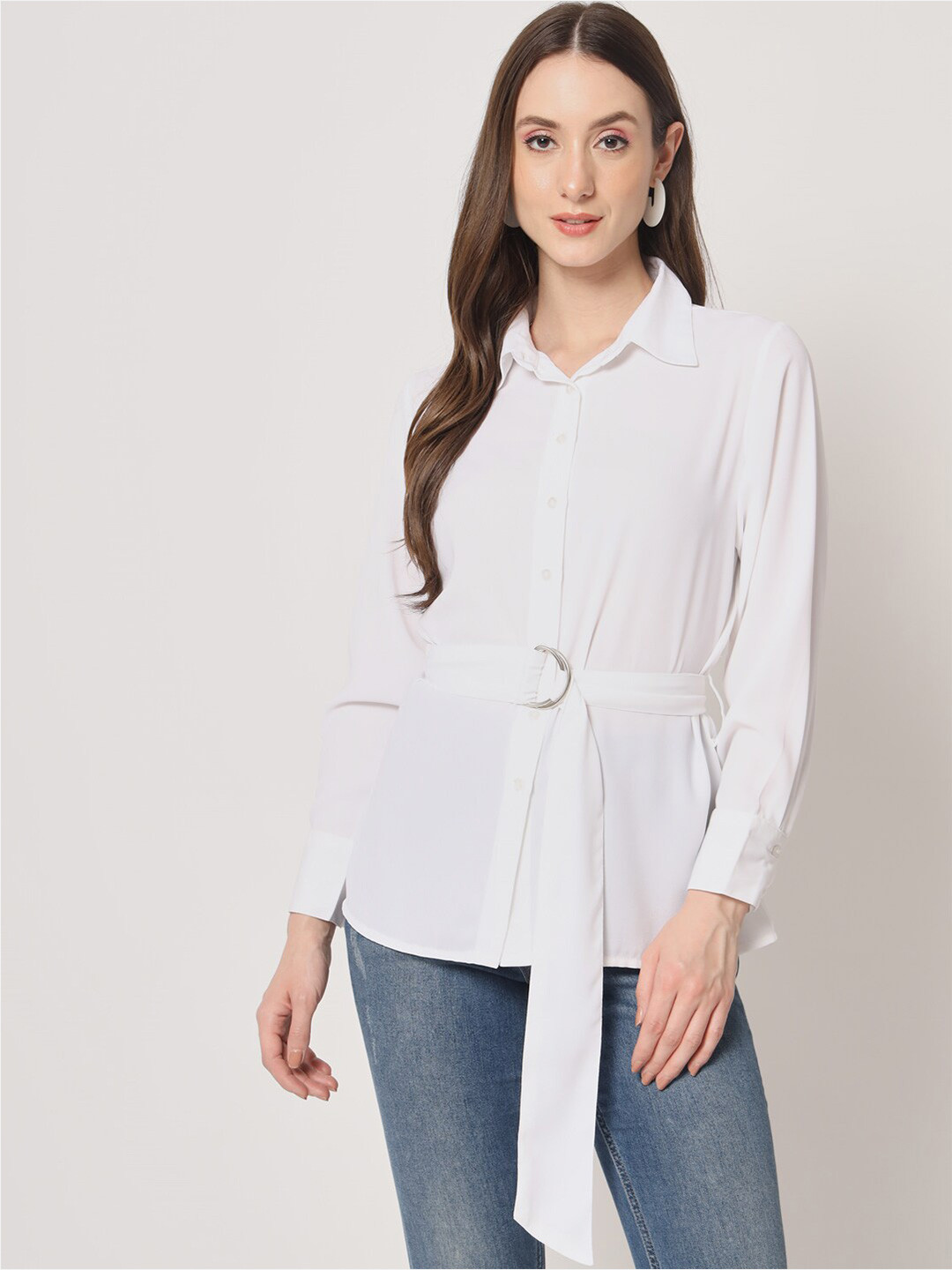 

Trend Arrest Contemporary Casual Shirt With Belt, White