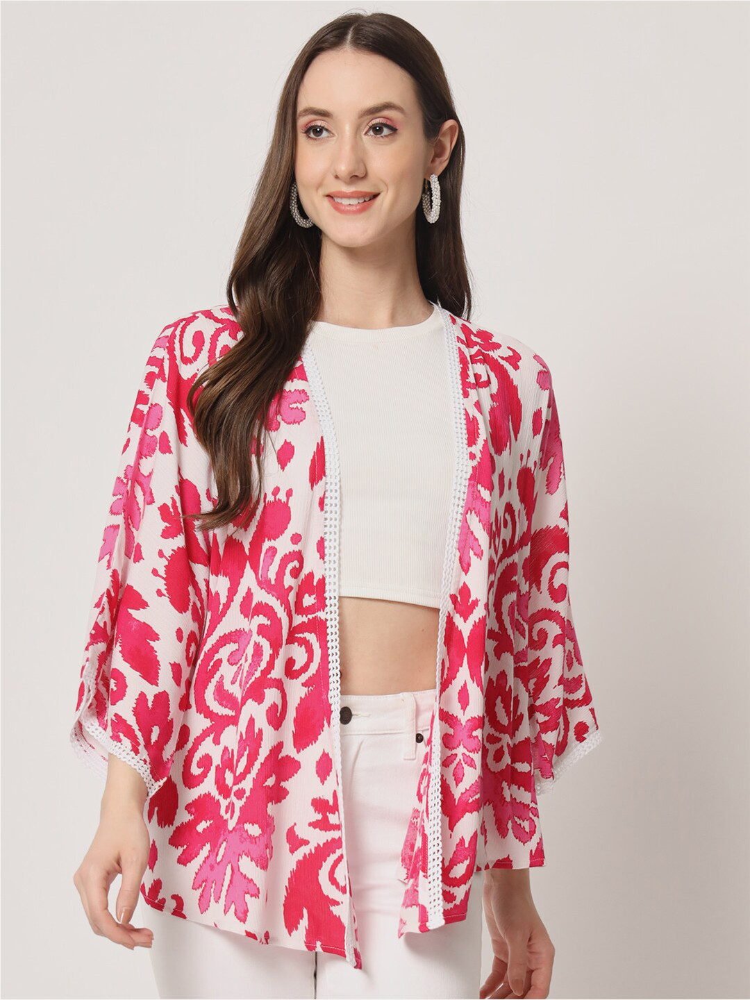 

Trend Arrest Printed High Low Open Front Shrug With lace Detail, White
