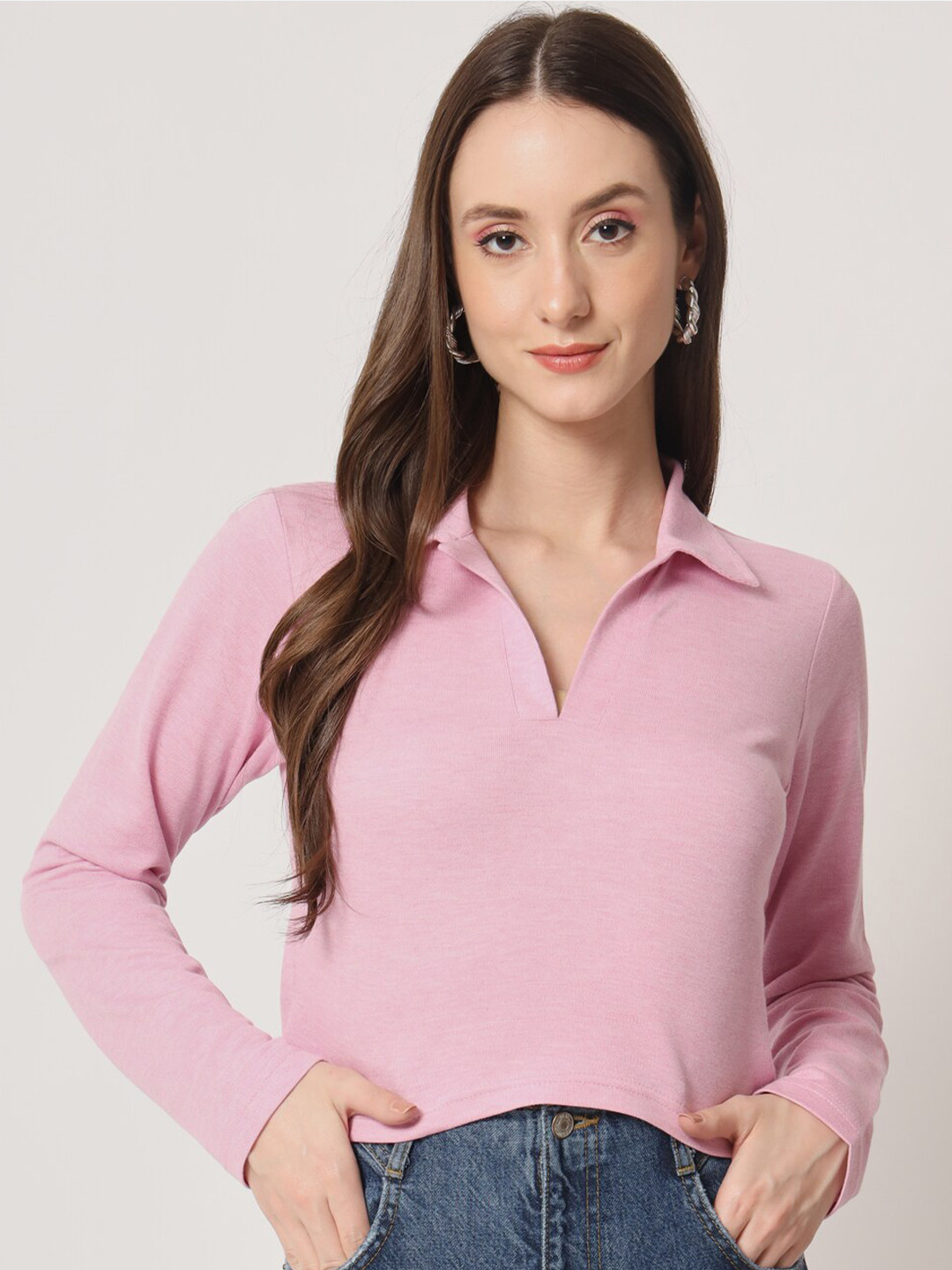 

Trend Arrest Shirt Collar Long Sleeves Cotton Top, Pink