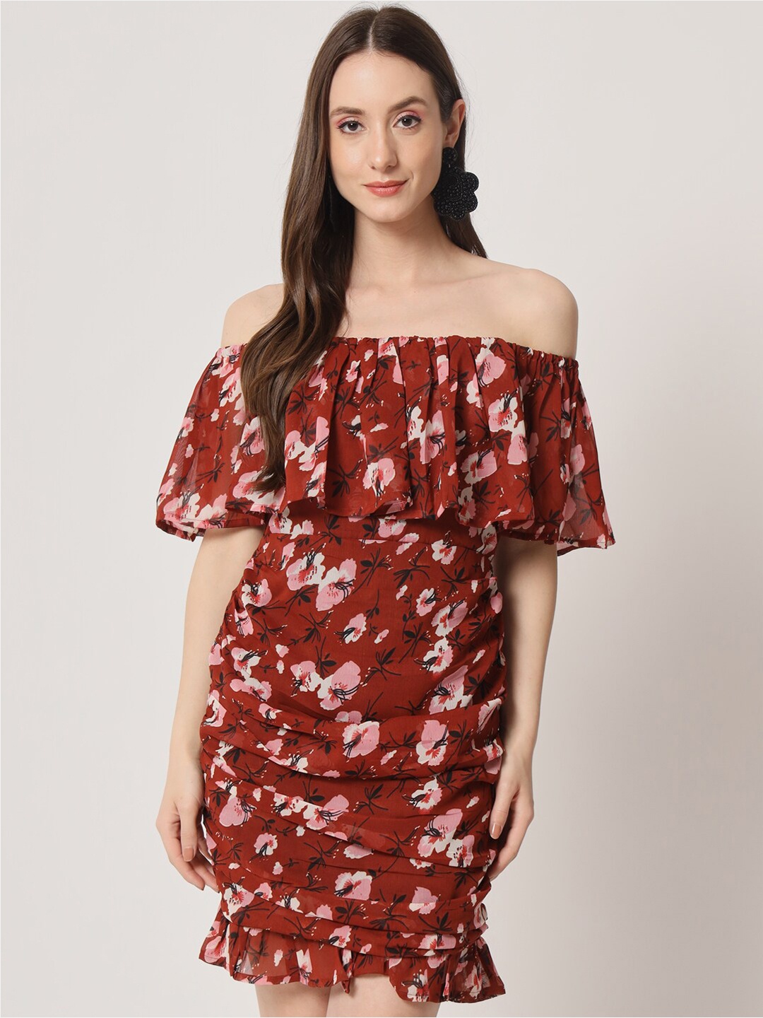 

Trend Arrest Floral Off-Shoulder Georgette A-Line Dress, Red