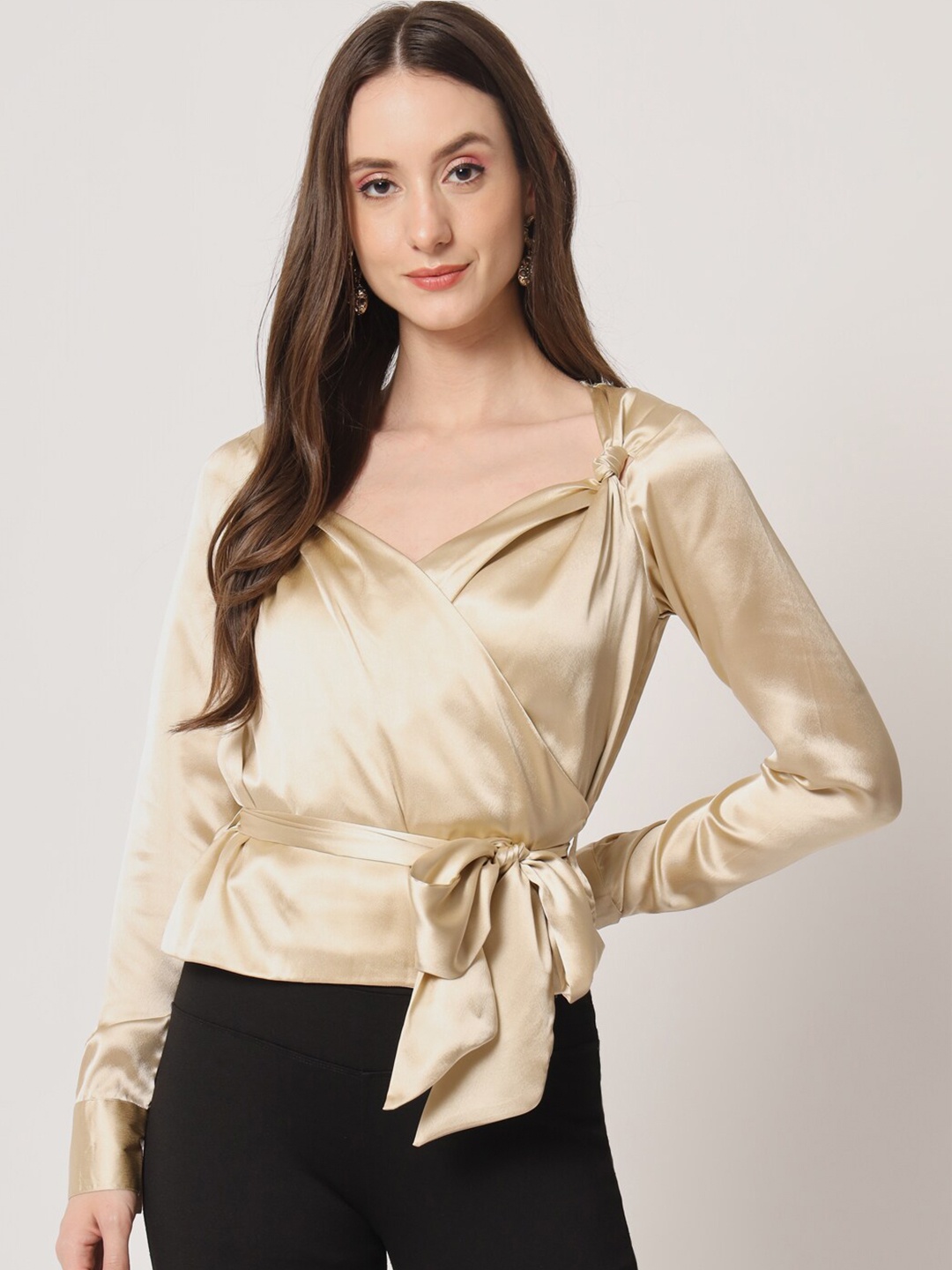 

Trend Arrest Satin Sweetheart Neck Blouson Cuffed Sleeves Top, Beige