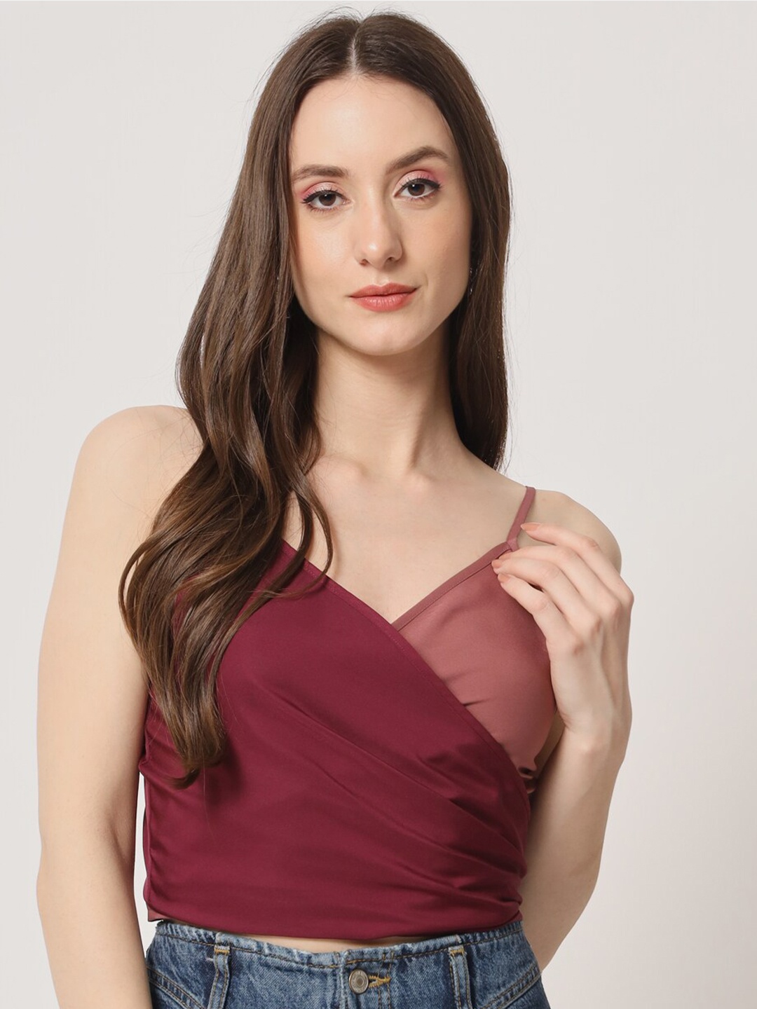 

Trend Arrest Shoulder Straps Crepe Crop Top, Maroon