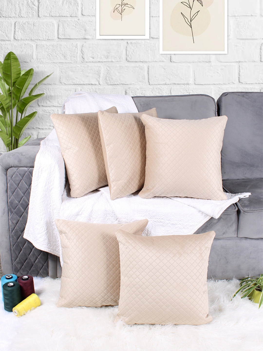 

STITCHNEST Beige 5 Pieces Self Design Quilted Velvet Square Cushion Covers