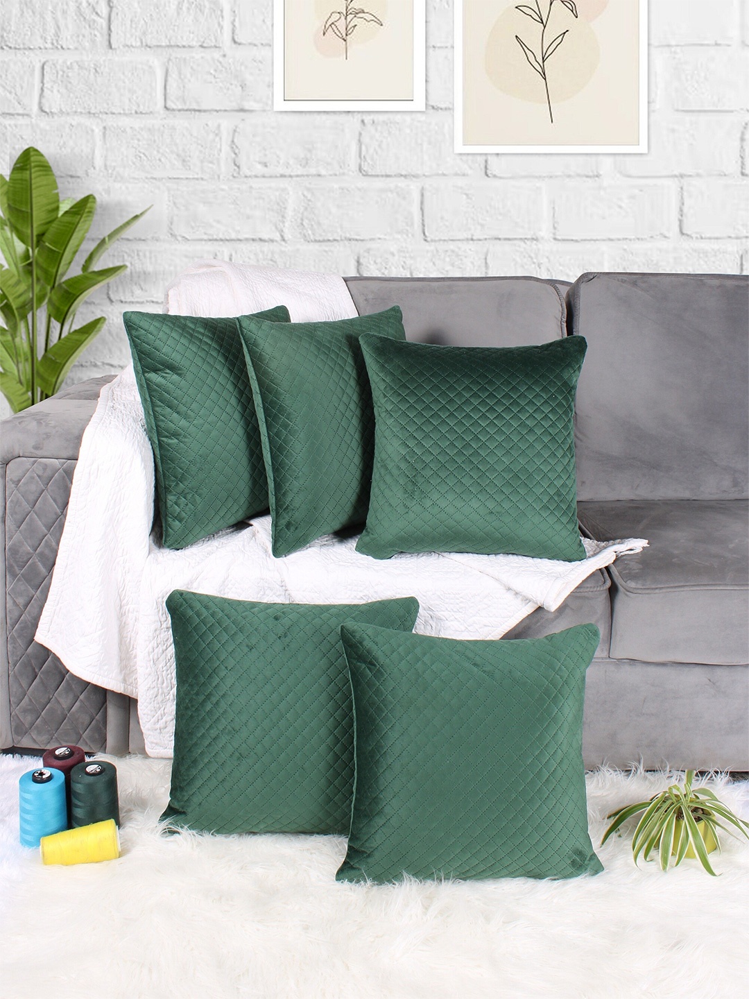 

STITCHNEST Green 5 Pieces Self Design Quilted Velvet Square Cushion Covers