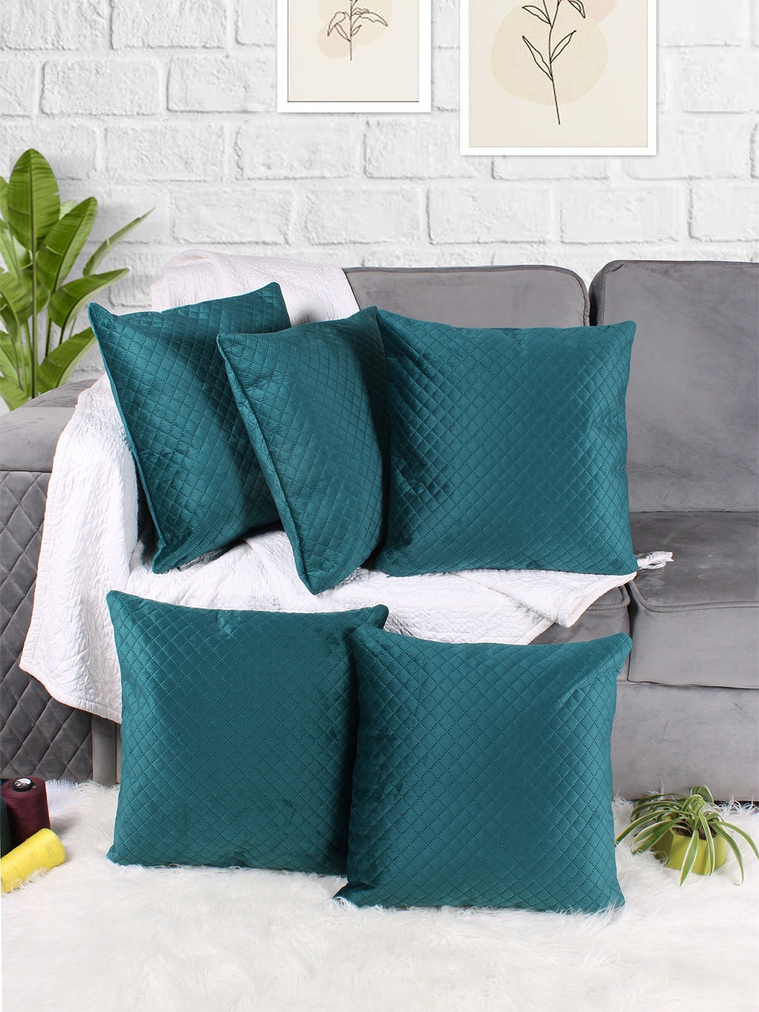 

STITCHNEST Green 5 Pieces Self Design Quilted Velvet Square Cushion Covers