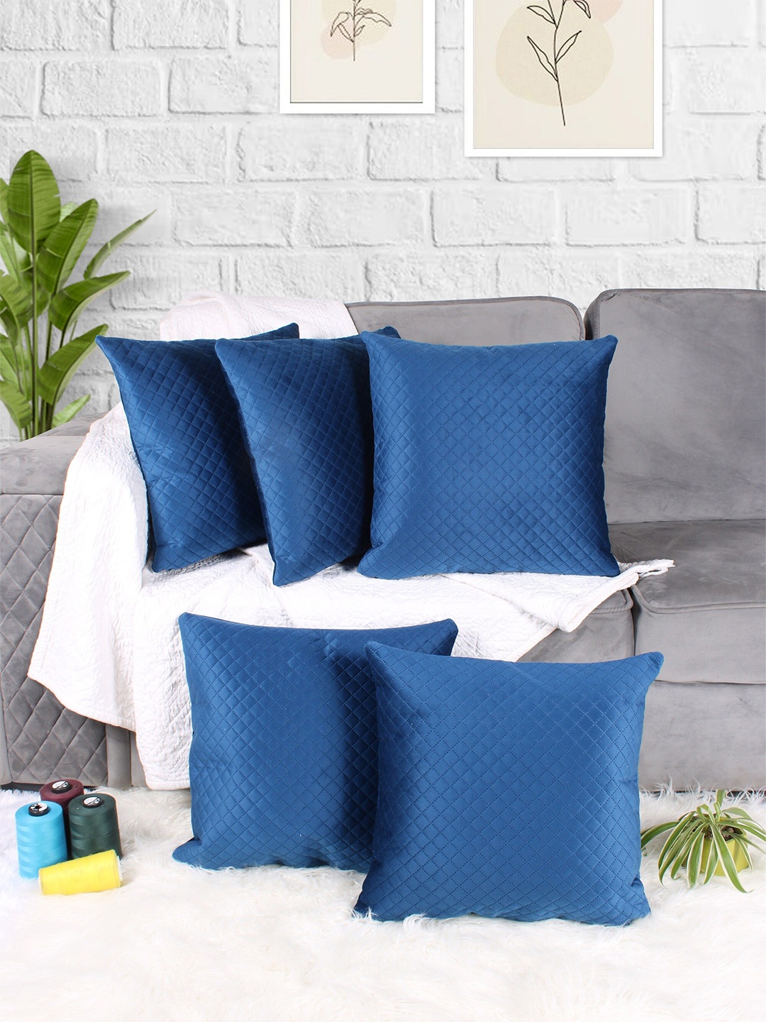 

STITCHNEST Blue 5 Pieces Self Design Quilted Velvet Square Cushion Covers