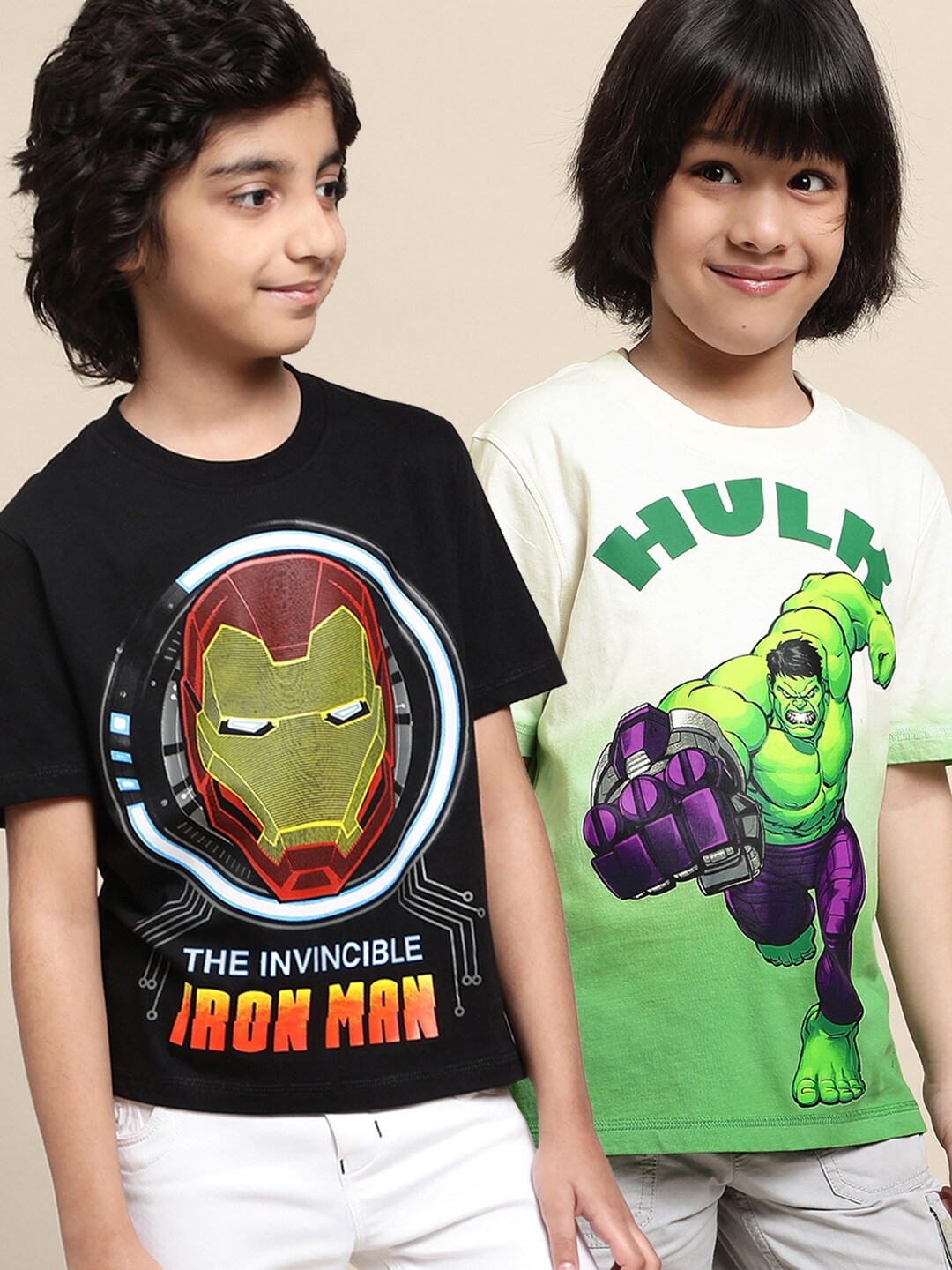 

Kids Ville Boys Pack Of 2 Hulk & Iron Man Printed Cotton T-Shirt, Black