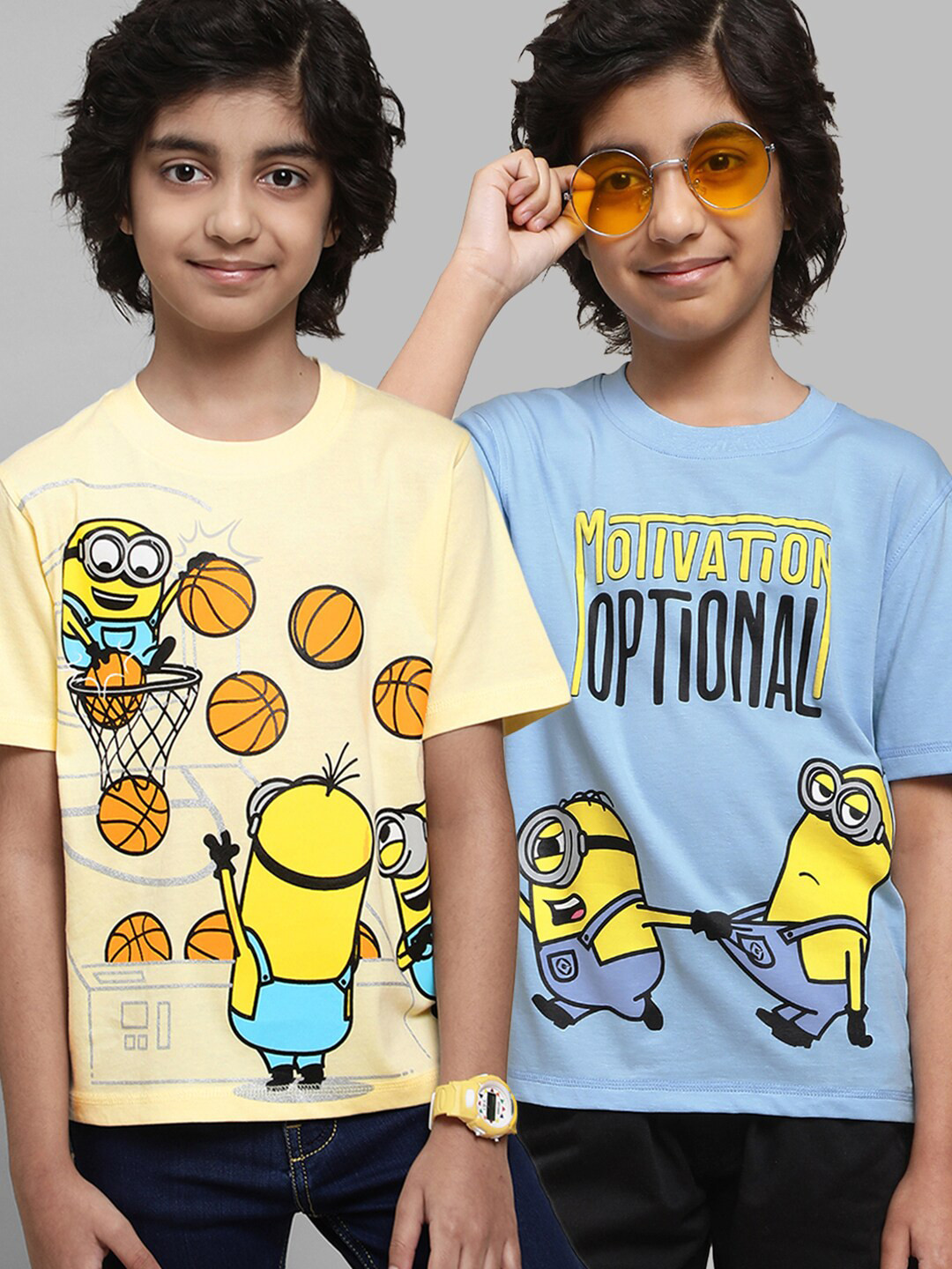 

Kids Ville Boys Pack Of 2 Minions Printed Cotton T-Shirts, Blue
