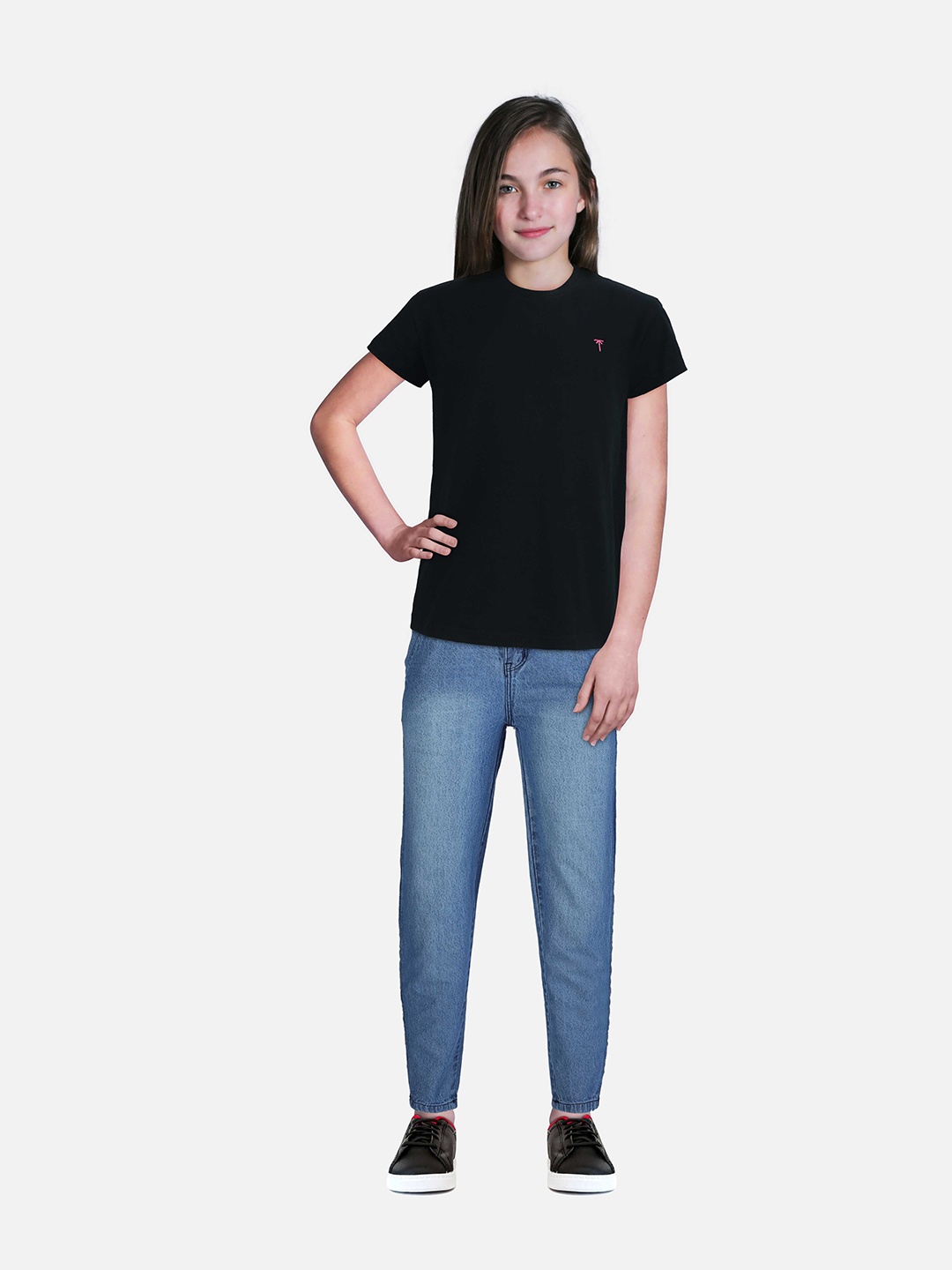 

Palm Tree Girls Round Neck Cotton Top, Black