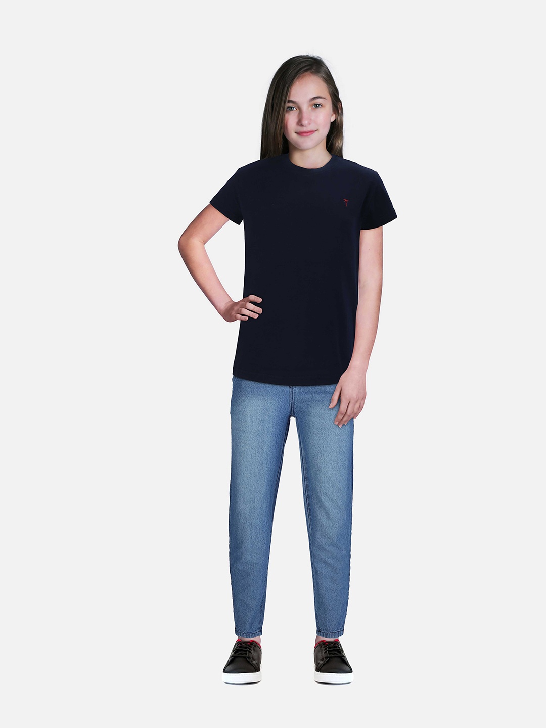 

Palm Tree Girls Round Neck Short Sleeves Cotton Top, Navy blue