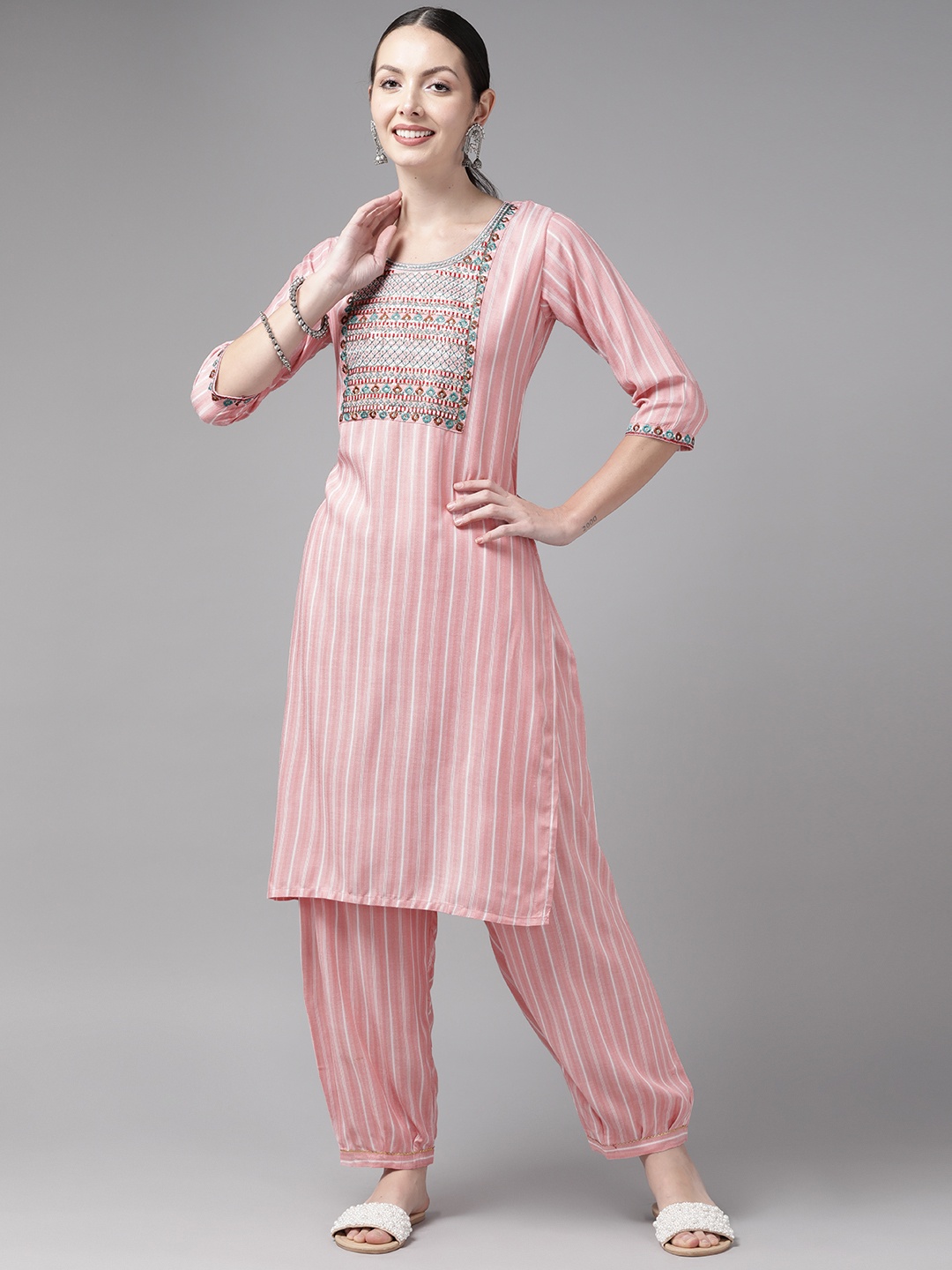 

Aarika Yoke Design Sequinned Pure Cotton Kurta with Palazzos, Pink
