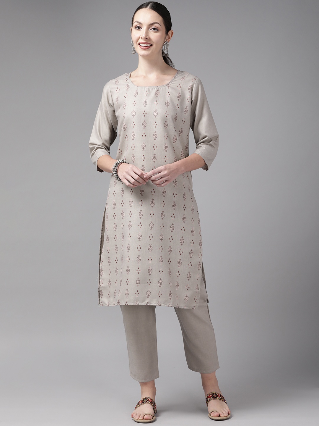 

Aarika Ethnic Motifs Printed Pure Cotton Kurta with Trousers, Grey