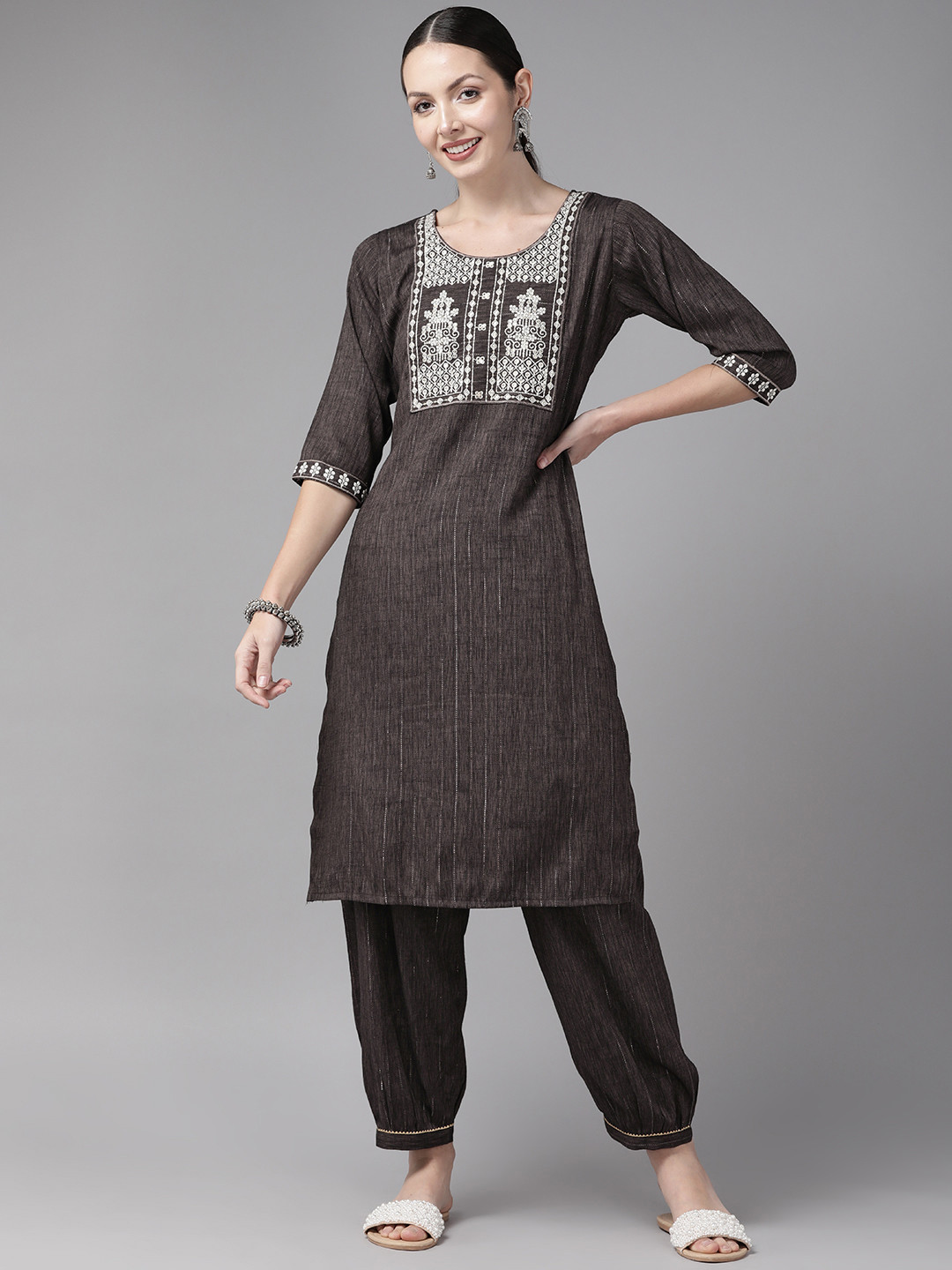 

Aarika Women Brown Embroidered Thread Work Pure Cotton Kurta with Trousers