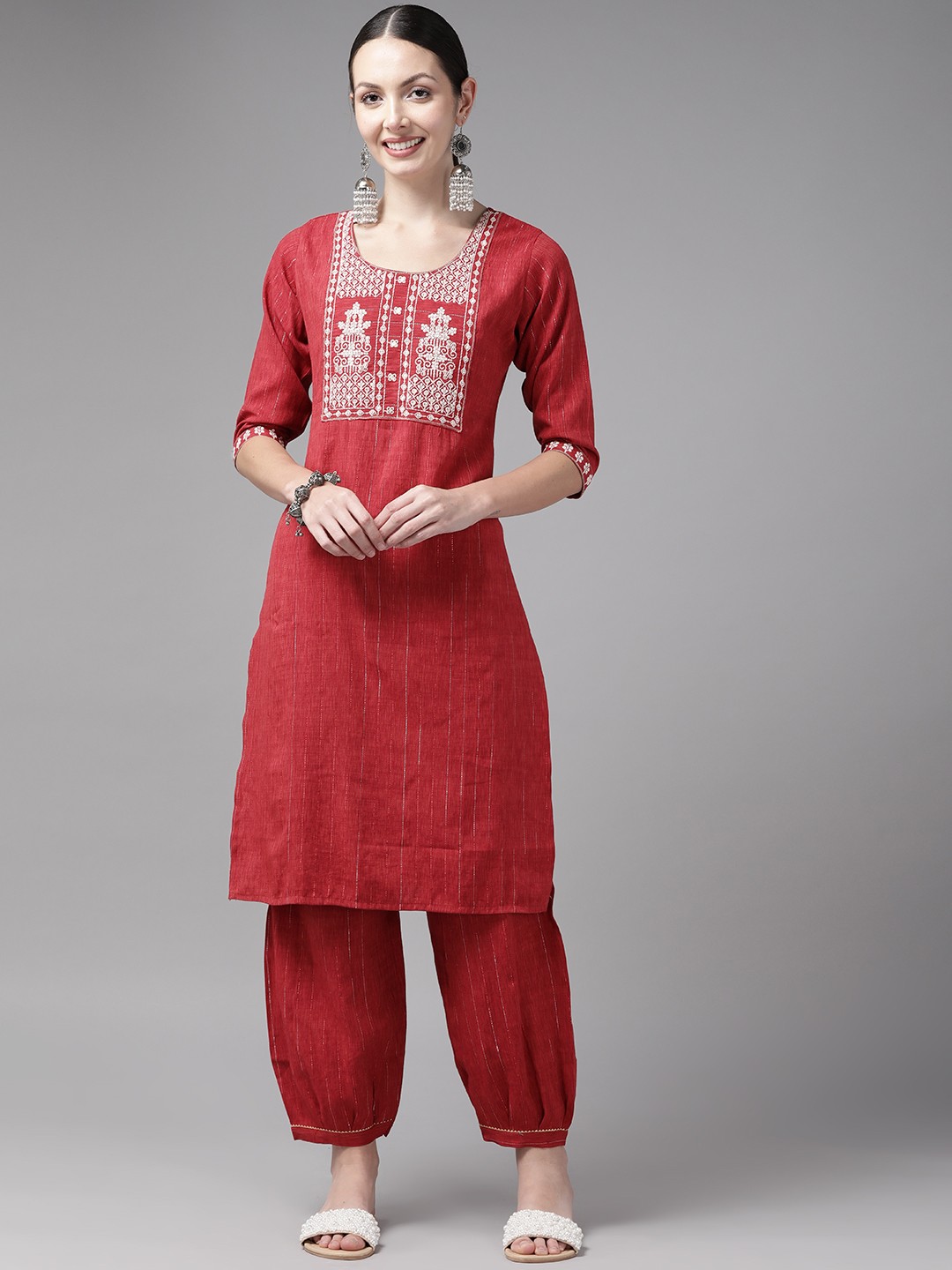 

Aarika Women Red Embroidered Pure Cotton Kurta with Trousers