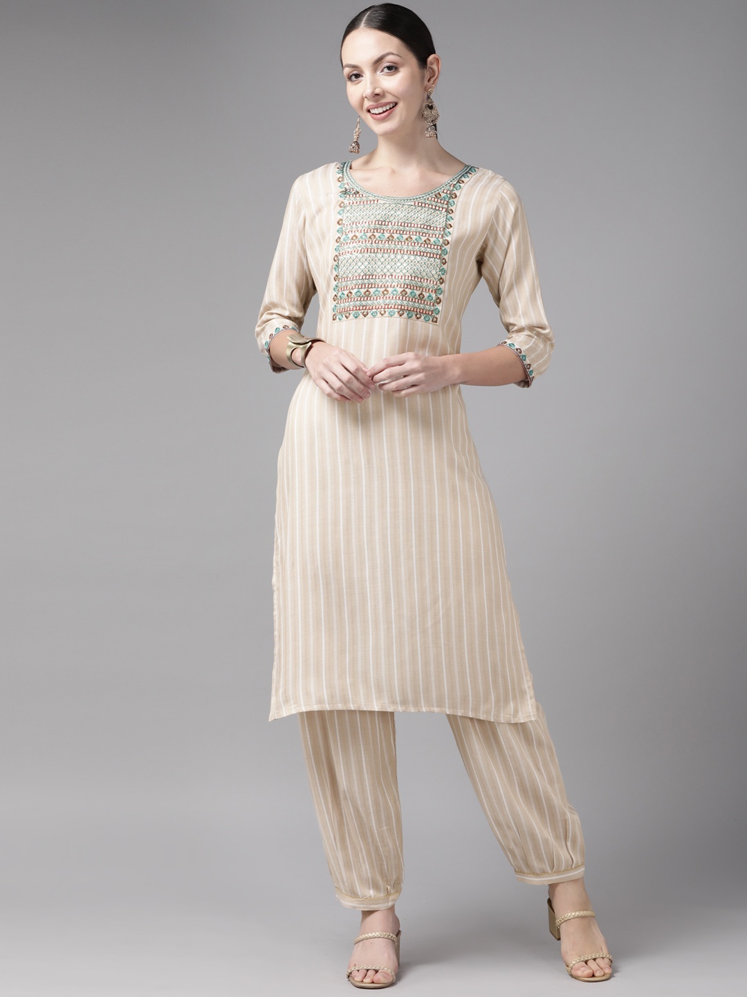 

Aarika Yoke Design Sequinned Pure Cotton Kurta with Palazzos, Beige
