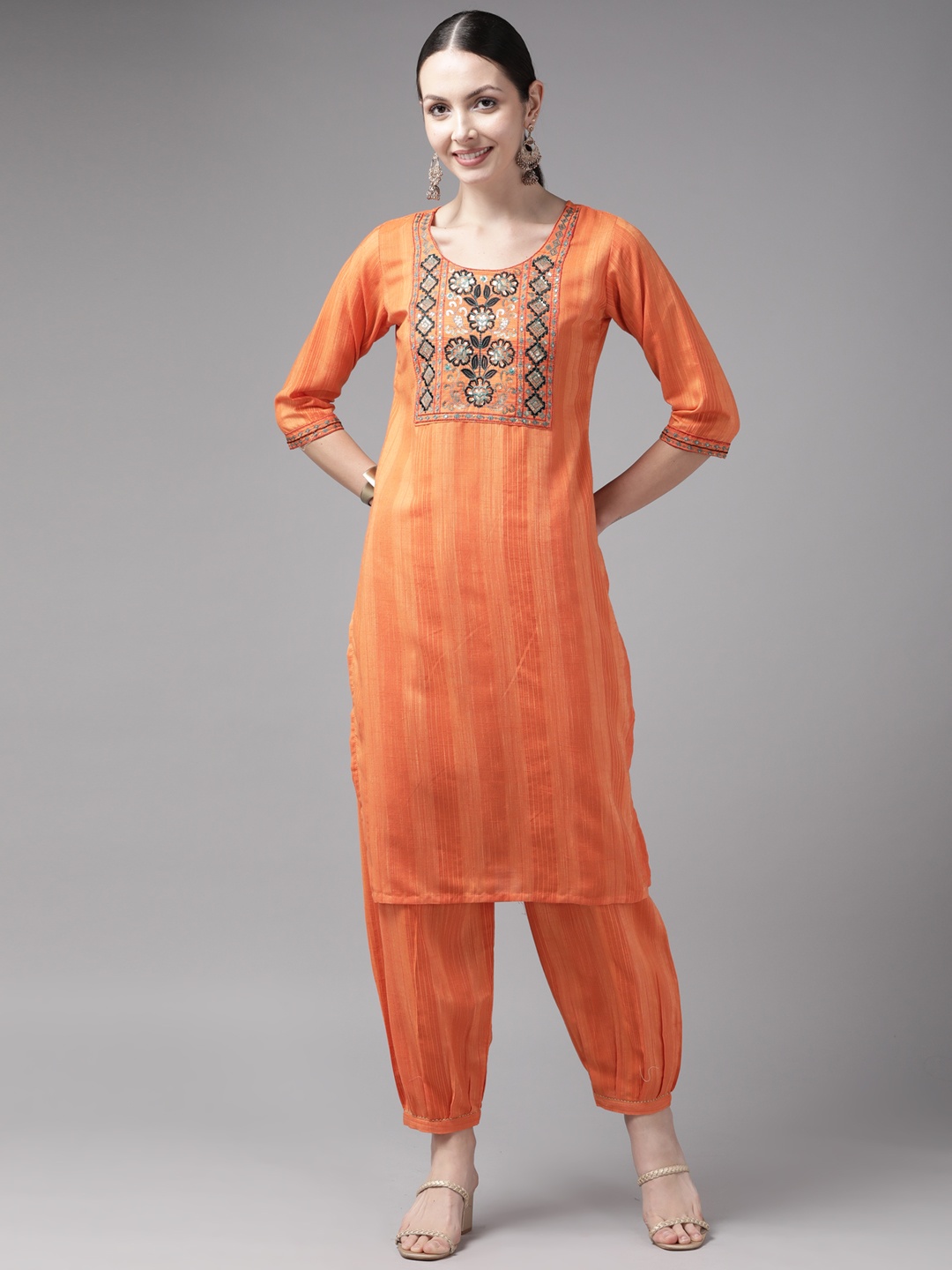 

Aarika Floral Yoke Design Sequinned Pure Cotton Kurta with Harem Pants, Orange