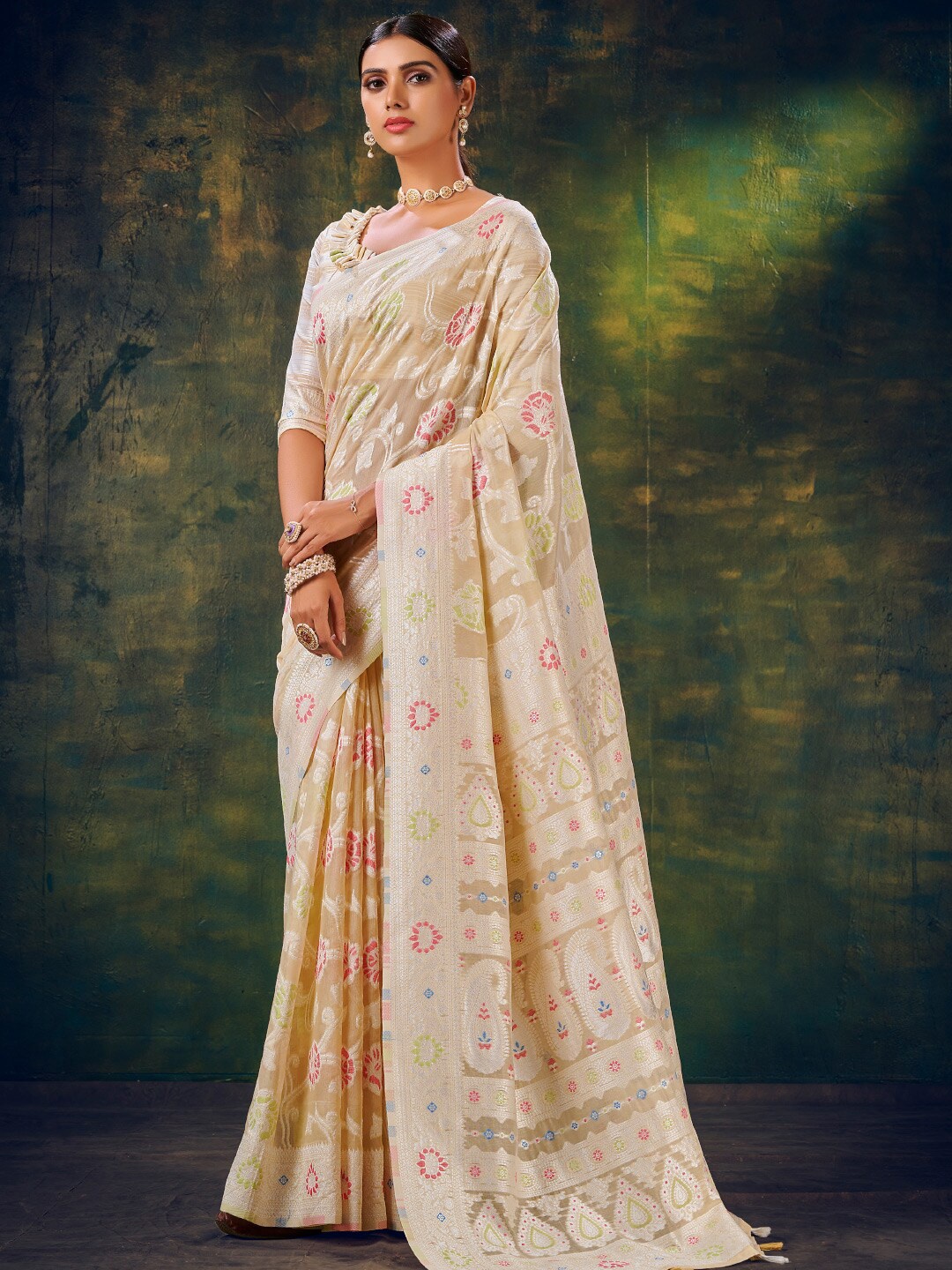 

KARAGIRI Floral Woven Design Zari Saree, Beige