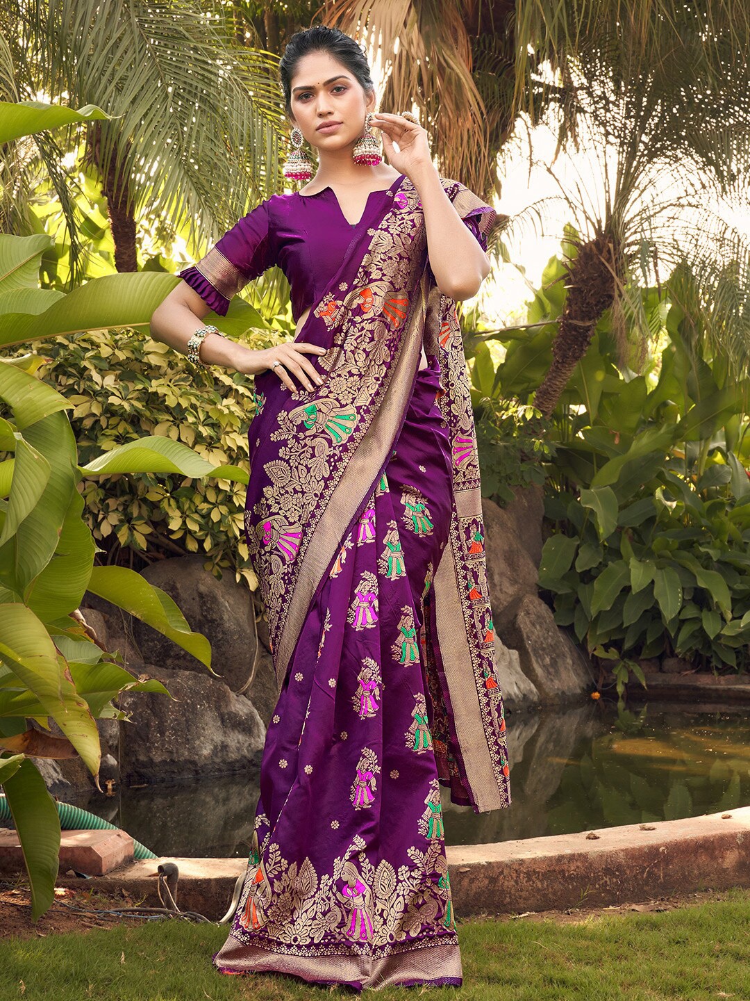 

KARAGIRI Woven Design Zari Silk Blend Banarasi Saree, Violet