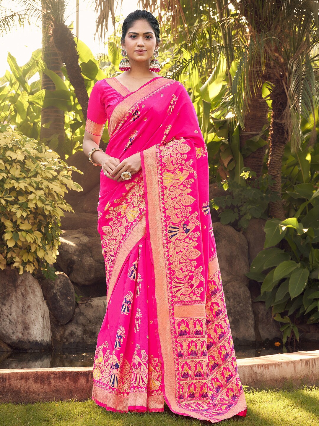 

KARAGIRI Ethnic Motifs Woven Design Zari Banarasi Saree, Pink