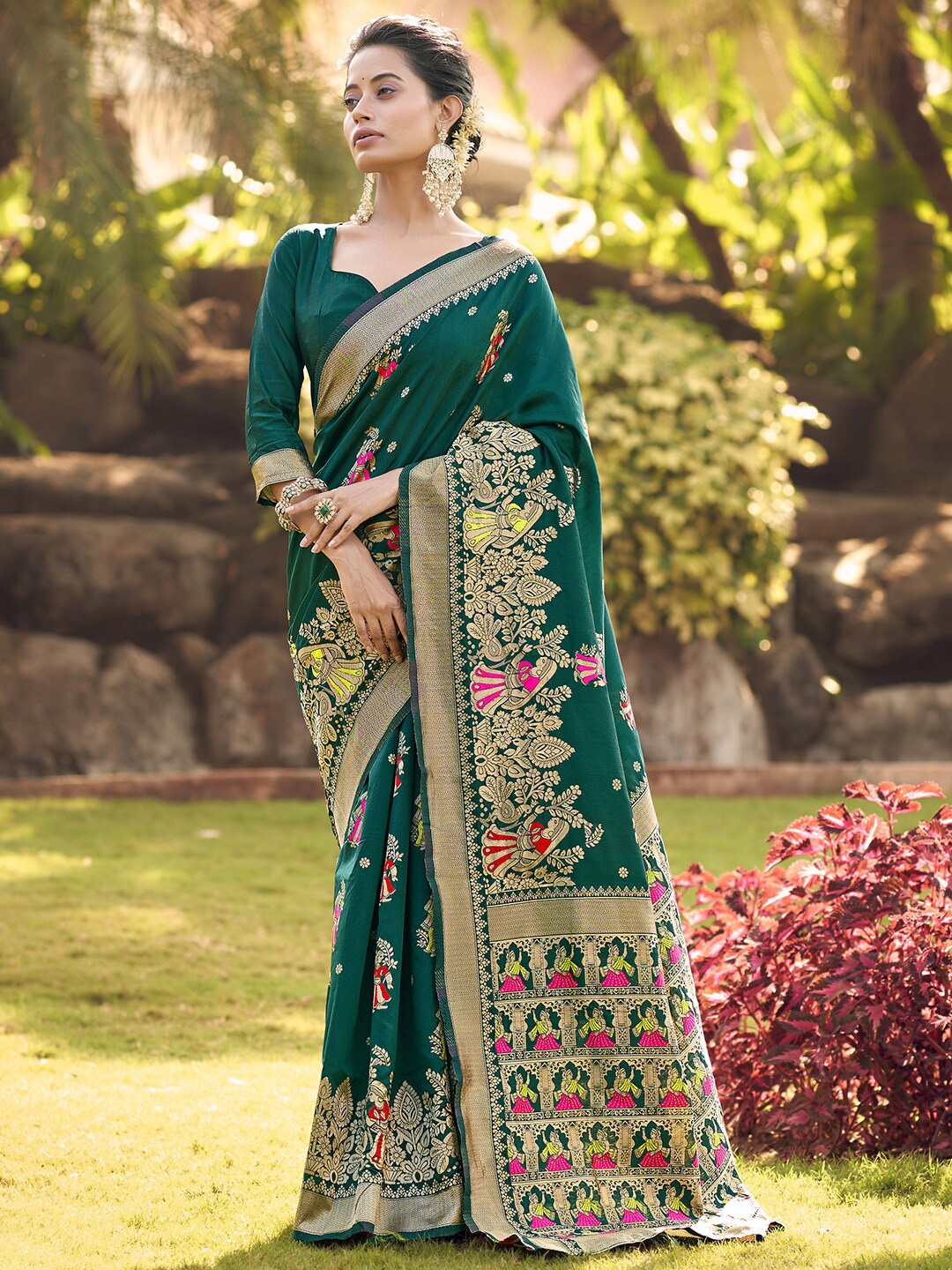 

KARAGIRI Ethinic Motifs Woven Design Zari Banarasi Saree, Green