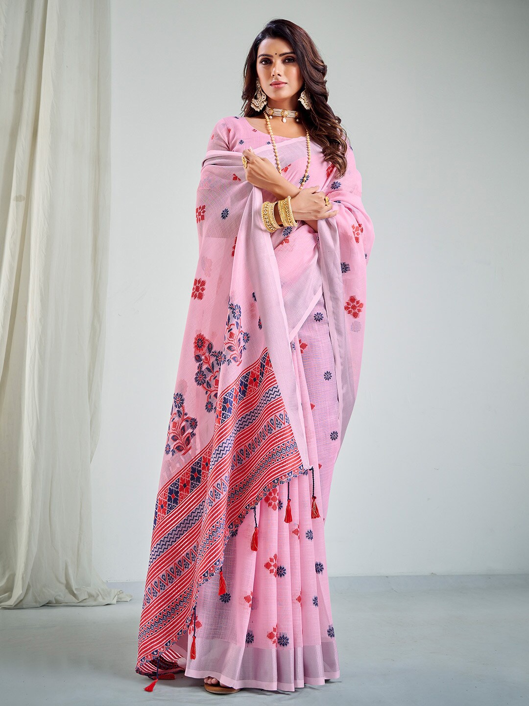 

KARAGIRI Floral Woven Design Zari Saree, Pink