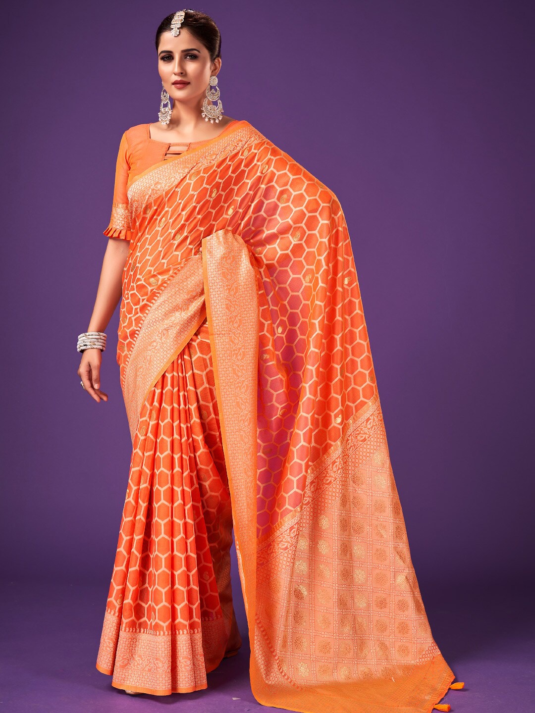 

KARAGIRI Geometric Woven Design Zari Saree, Orange