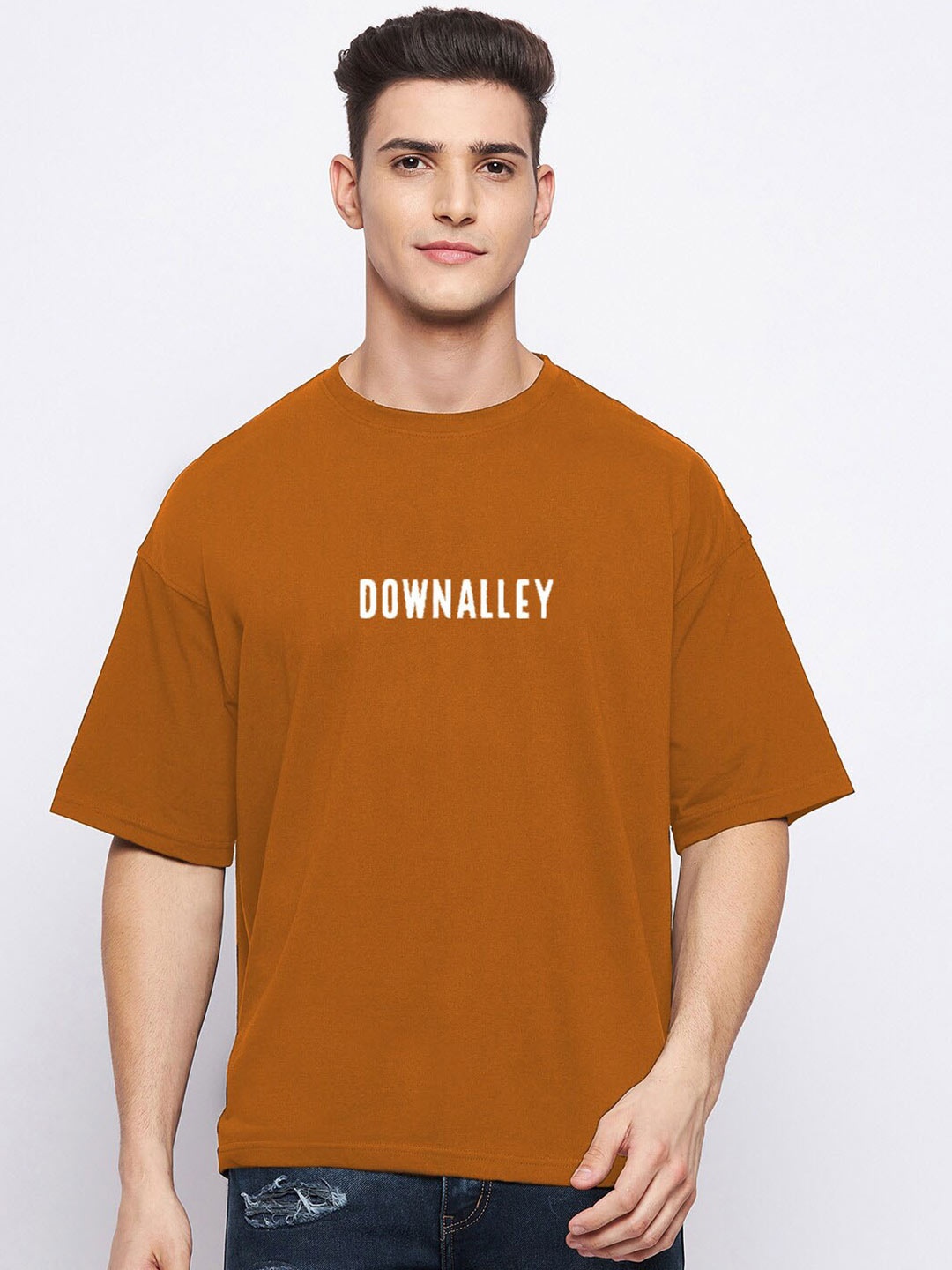 

FRENCH FLEXIOUS Round Neck Graphic Printed Regular Fit Cotton T-shirt, Tan