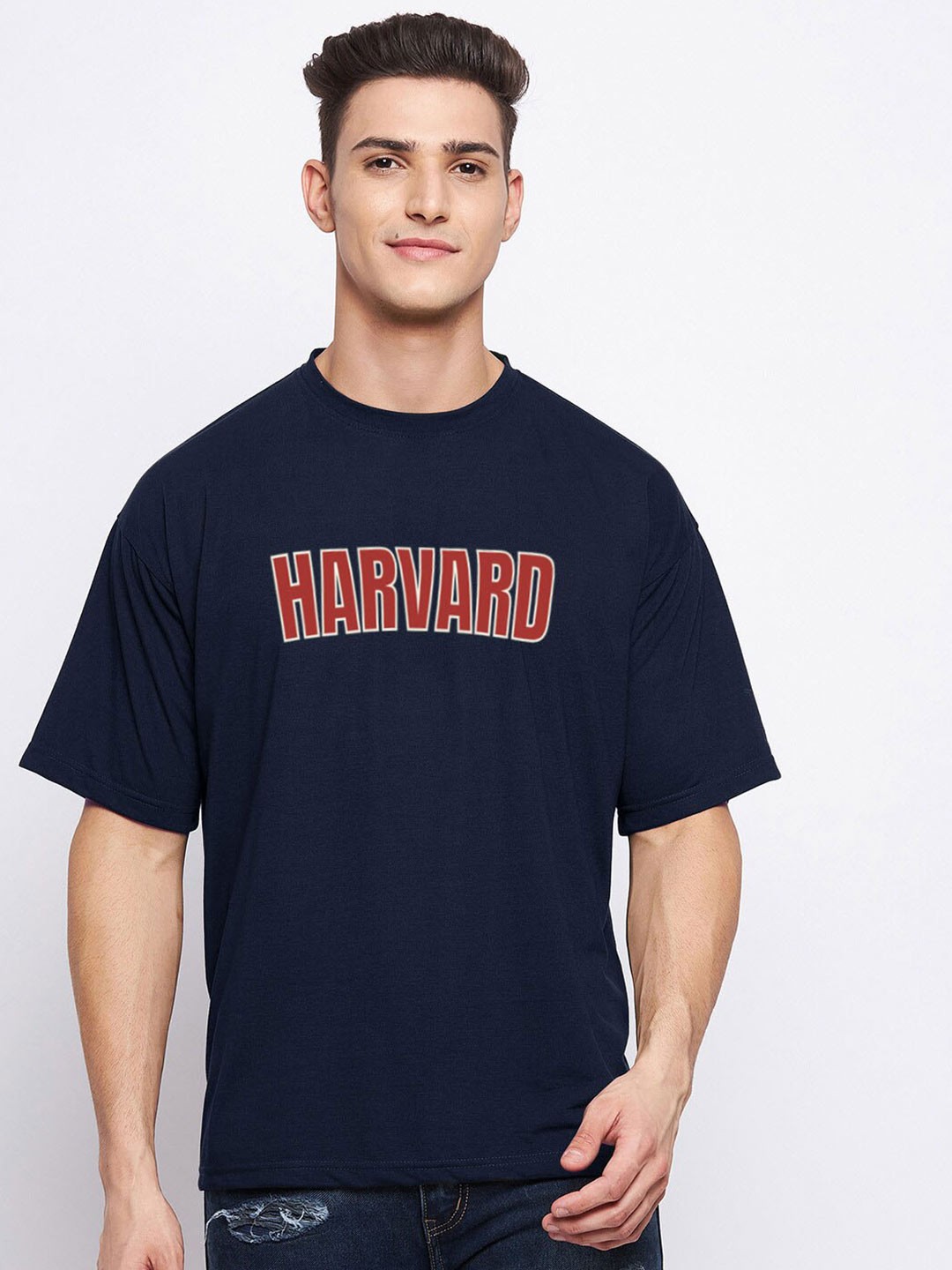 

FRENCH FLEXIOUS Typography Printed Drop Shoulder Sleeves Cotton T-shirt, Navy blue