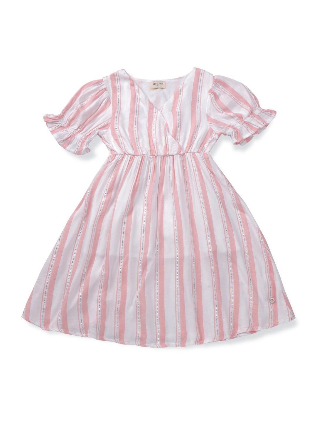 

Gini and Jony V-Neck Puff Sleeves Striped Dress, Pink