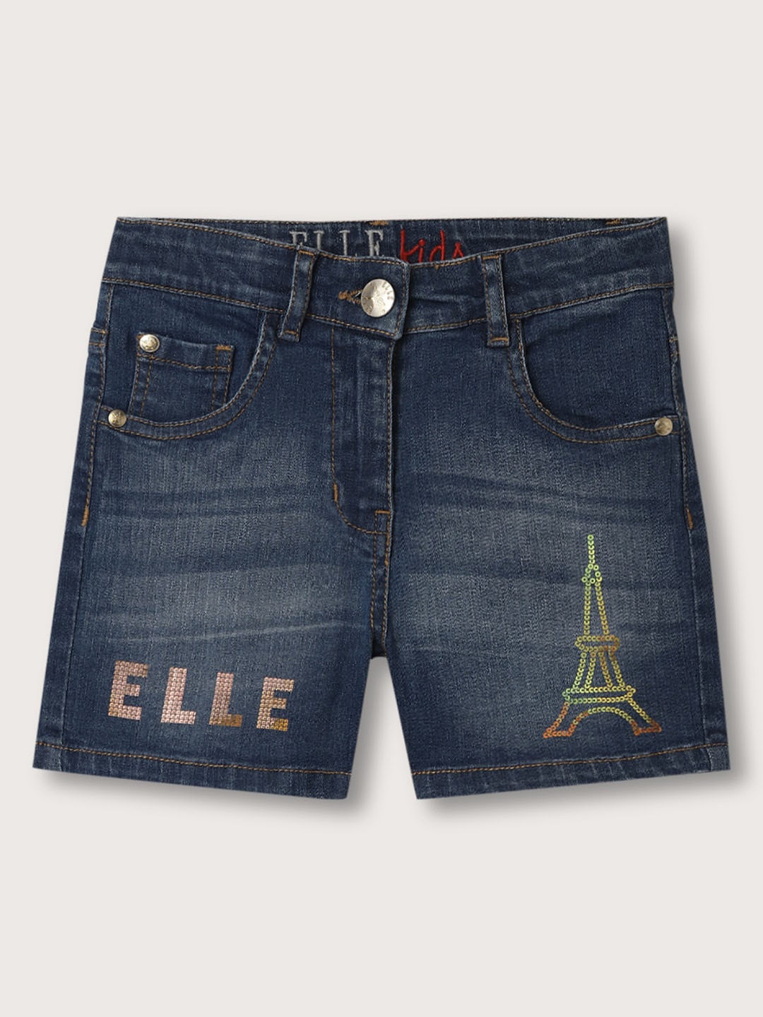 

ELLE Girls Mid-Rise Embellished With Sequinned Denim Shorts, Blue