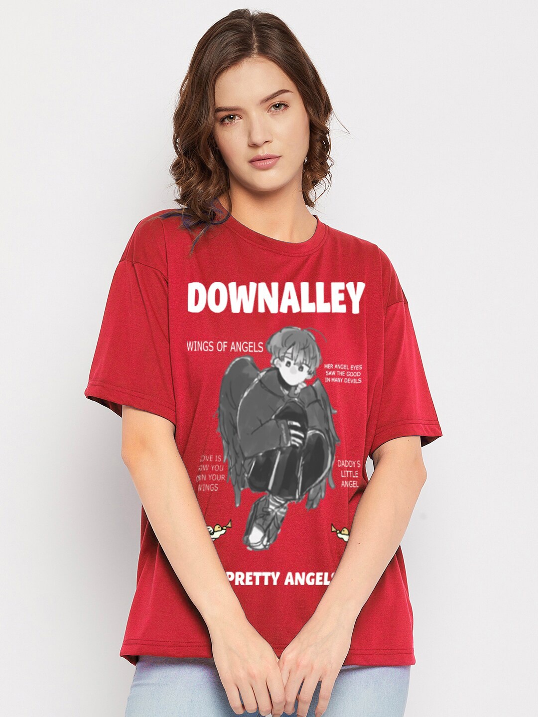 

FRENCH FLEXIOUS Graphic Printed Drop-Shoulder Sleeves Cotton Loose T-shirt, Red
